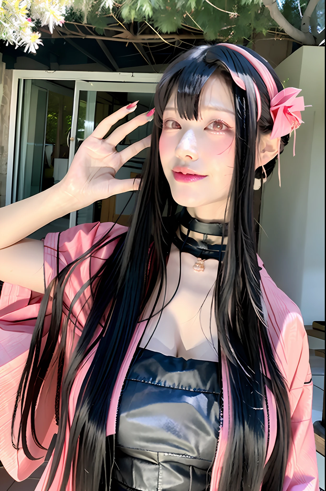 Kamado nezuko, 1girl, adult, aged, tattoos, asymmetrical bangs, bamboo, bangs, gag, black hair, blurry, blurry background, body marks, breasts, cleavage, cowboy shot, demon girl, nails, forehead, gag, gagged, gradient hair, hair ribbon, horns, school clothes, skirt, school girl,, big breasts, long nails, long hair, multicolored hair, open clothes, open kimono, outdoors, panties, pink eyes, pink kimono, pink nails, pink ribbon, red hair, ribbon, sharp nails, side locks, single horn, soil, thighs, tree, bicolor hair, underwear, white panties, ((masterpiece))