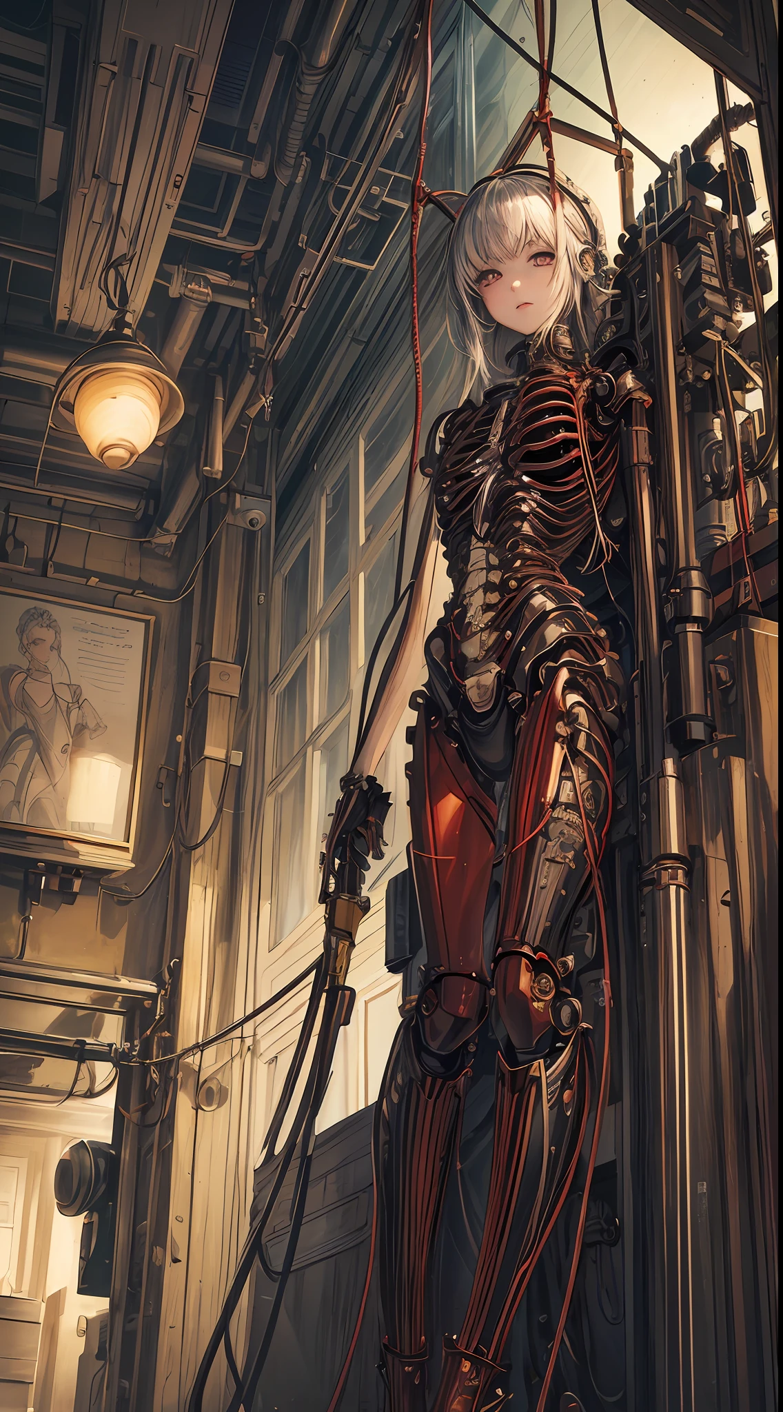 (((masterpiece))), ((best quality)), (ultra-detailed), (CG illustration), (an extremely devious and beautiful)), cinematic light, ((1 mechanical girl)), single, (machine-made joints: 1.4), ((mechanical limbs)), ( blood vessels attached to the tube), ((mechanical spine attached to the back)), ((mechanical cervical vertebrae attached to the neck), ((back to the viewer)), expressionless, (wires and cables attached to the head and body: 1.5), science fiction, apocalypse, ruins