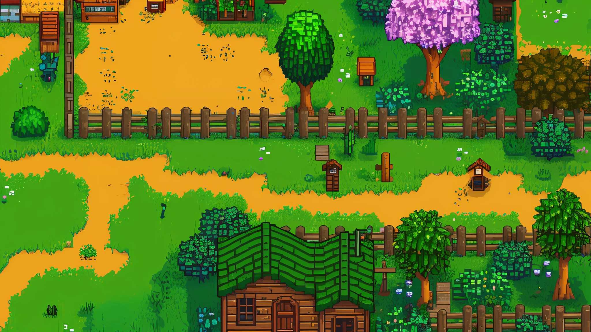 Desemho Pixel Art 2D, front view of village with a small house and a small tree, Stardew Valley style, next to a farmhouse and a barn, 2020 video game screenshot, lush field, field, video game screen>, ultra detailed game art, 2d pixel art video game