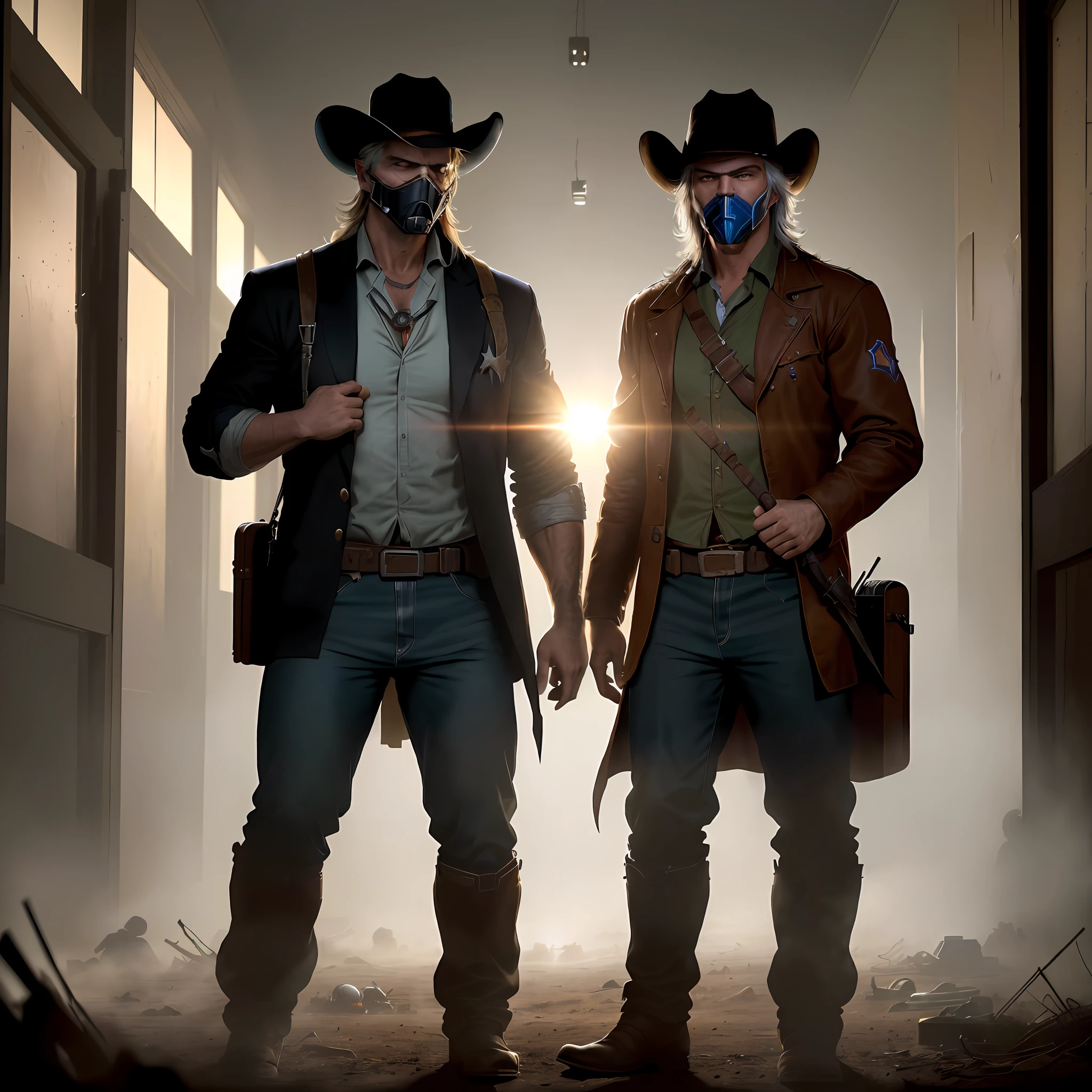 cowboys are standing in a hallway with a sun shining through the window, cowboy plague doctors, sheriff and cowboy, cyberpunk wild west, cyber western, oldwest, promotional render, duel between two cowboys, cowboys, gunslingers, beeple and jean giraud, cowboy, post - apocalyptic cowboy, next gen, team fortress 3, space western, movie promotional image