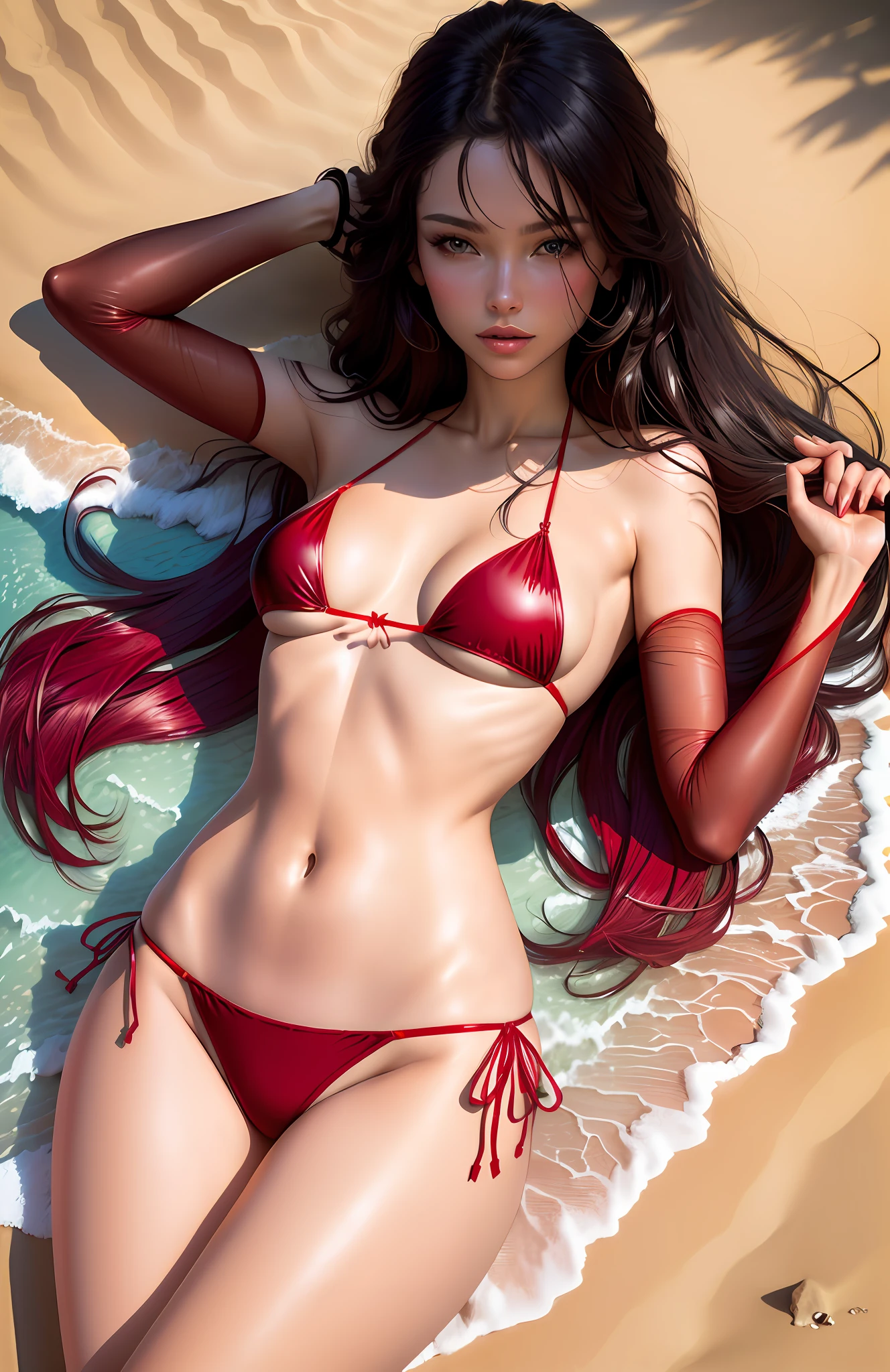Sexy woman dressed in a tiny transparent red string bikini on a beach, by Mathias Kollros, by Julia Pishtar, black bikini, modeling photography, olivia de bernardinis, by steven belledin, alina ivanchenko, warm and sunny