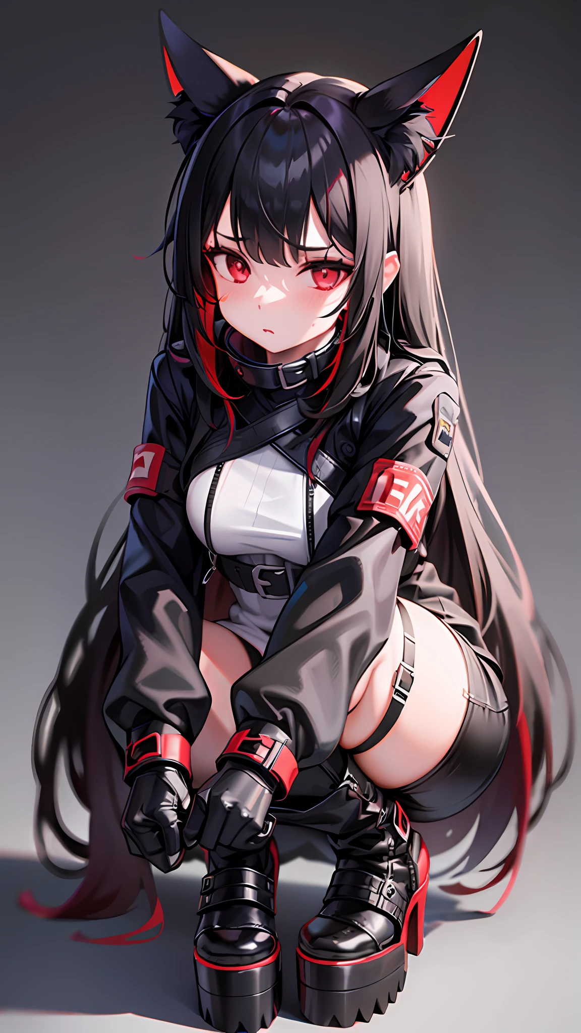 1girl, lower body, long black hair with red tips, tactical clothing, goth platform heels, cyber ears