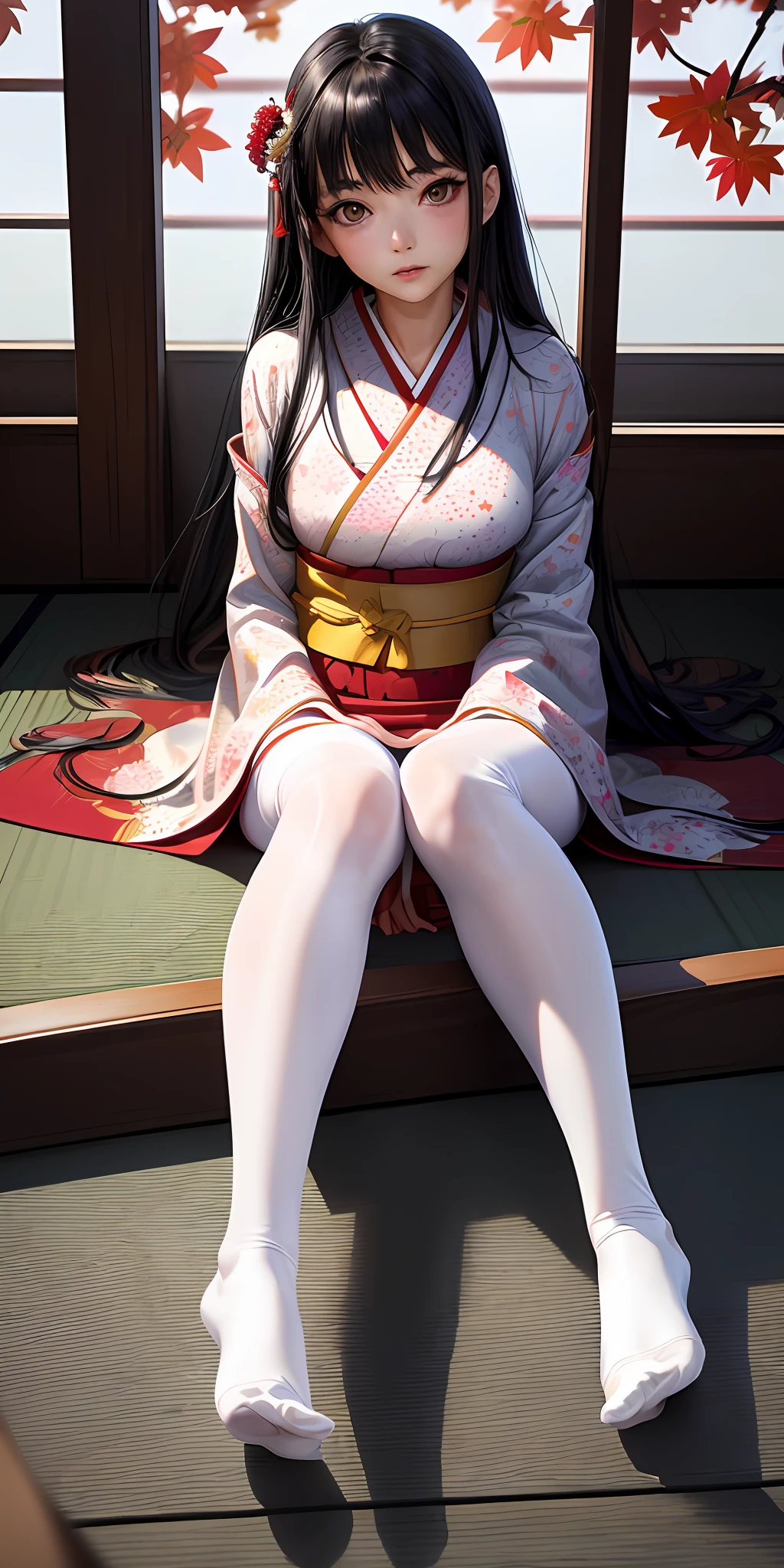 (Best quality, super high definition: 1.2), 1 pretty Japan woman photo (Beautiful: 1.1), Japanese dress, transparent red lingerie, (((Traditional white patterned Japan kimono)))), (((red pantyhose)), long hair set, Japan traditional makeup, looking up at the viewer, dazed expression, big eyes, double eyelids, (no pantyhose), wet lips, in a bright Japanese-style room, loose sitting on the folds, oblique posture, dynamic perspective,
