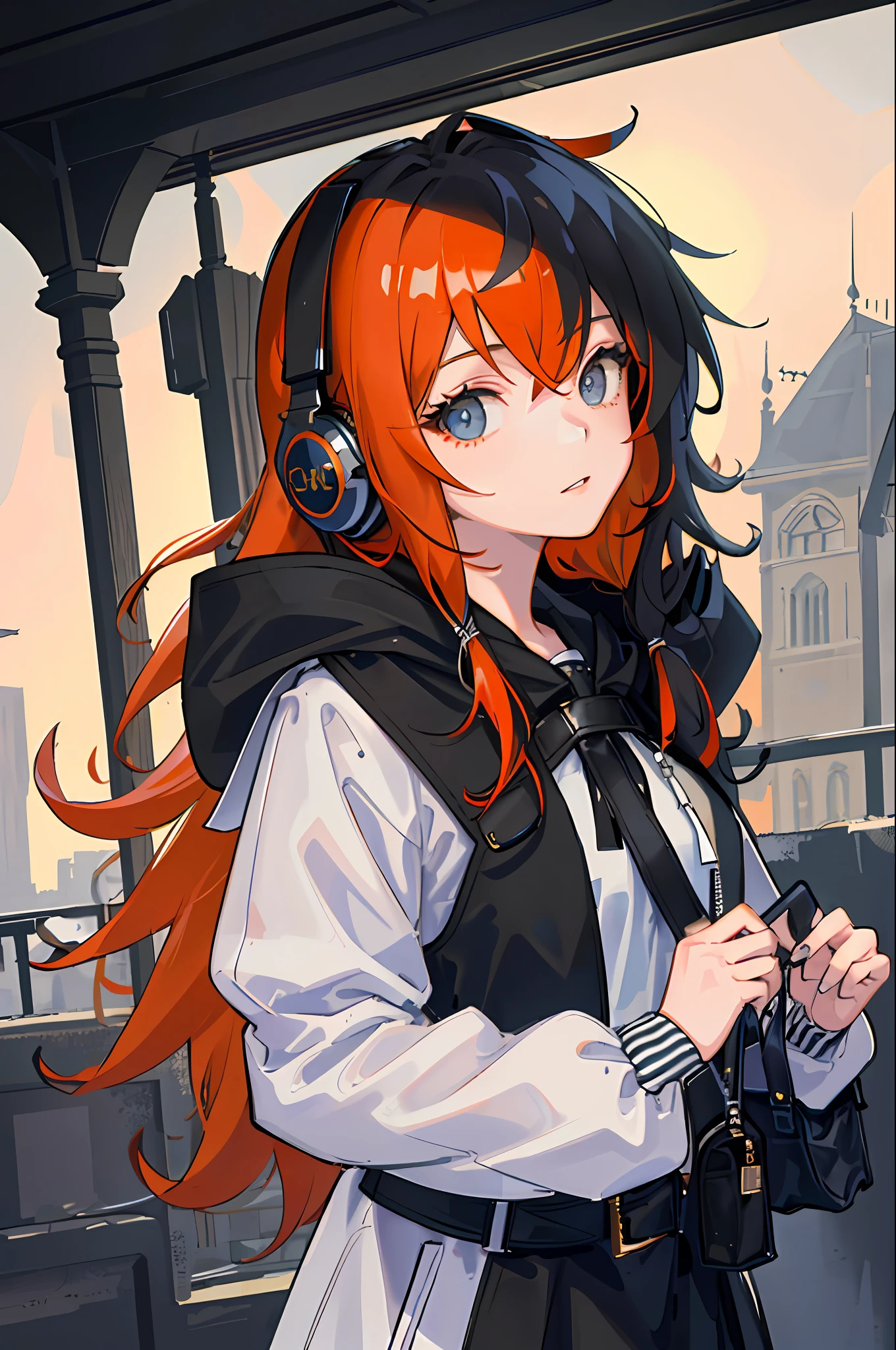 (masterpiece, side light, super detailed, fine detail beautiful eyes: 1.2), 1 girl, bag, architecture, from side, headphones, hood, hooded down, hooded jacket, hoodie, jacket, long hair, orange hair, (black hair: 1.3), solo, campus, classroom, upper body, masterpiece, best quality