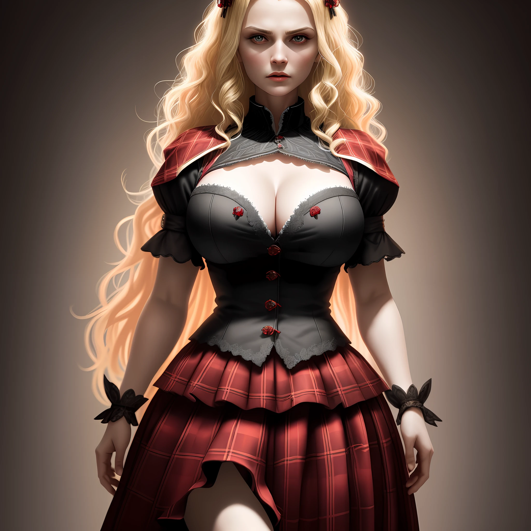 (extremely detailed 8k wallpaper), a medium shot photo of a fearful necromancer, intricate, high detail, dramatic, blonde women in plaid red skirt, big tits, perfect body