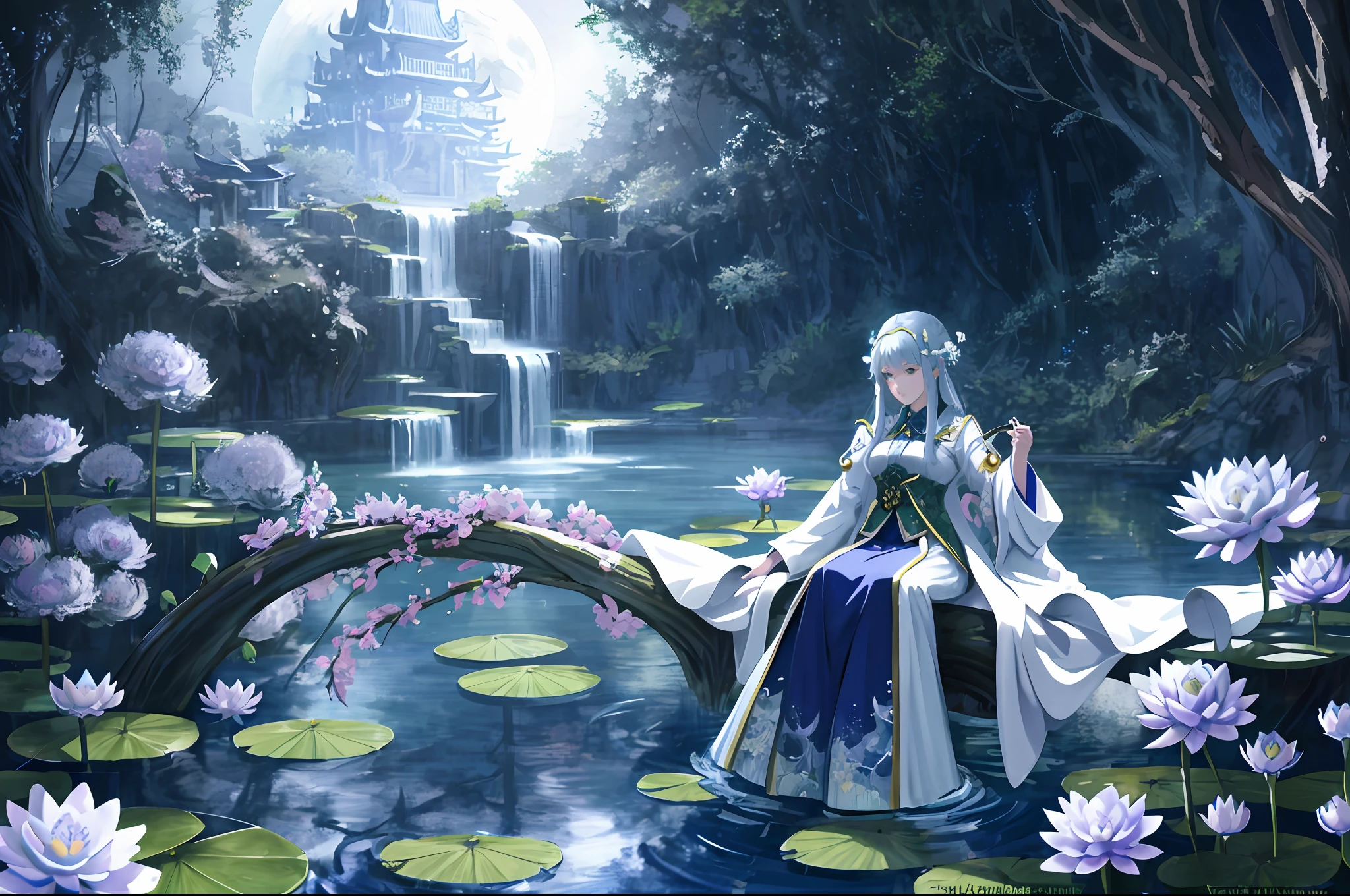 whimsical, anime mystical goddess with professional makeup, flowing robes, sitting in reflective pools underneath a moon, water lilies, trending on patreon, deviantart, twitter, artstation, subtle and detailed, heavy contrast, art style by yuchenghong, claude monet, tomas kinkade,