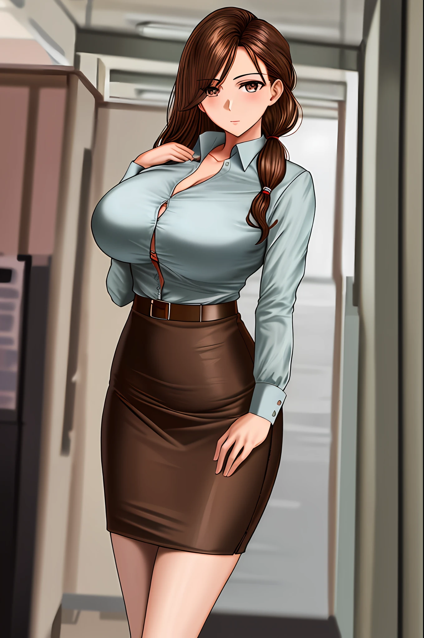 masterpiece, best quality, detailed face, detailed eyes, HUVictoria, brown hair, , , office lady, standing, pencil skirt, dress shirt, button gap, school, indoors, hallway, low ponytail, long hair, brown eyes,  visible through clothes, pantyhose, 1girl,