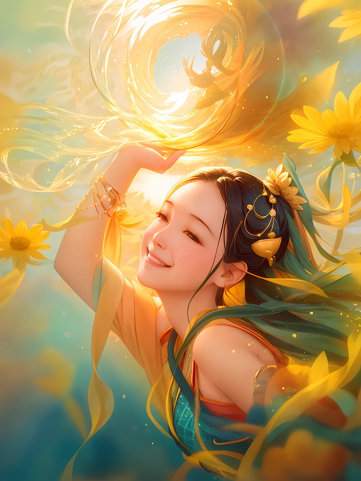 There is a girl swimming in the water, happy smile, sunny face, innocent girl, big, lots of blisters, bubbles, a lot of fish, cute digital painting, beautiful digital artwork, realistic effect, high texture