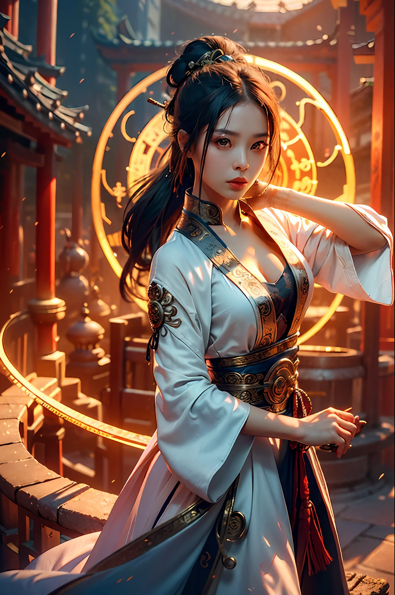 Best quality,masterpiece,ultra high res,(photorealistic:1.4),xiuxian,weapon,Detailed face,
1girl,solo,weapon,cleavage,(magic circle:1.2),xiuxian,upper body,Beautiful girl,full body,east asian architecture,sheath,architecture,