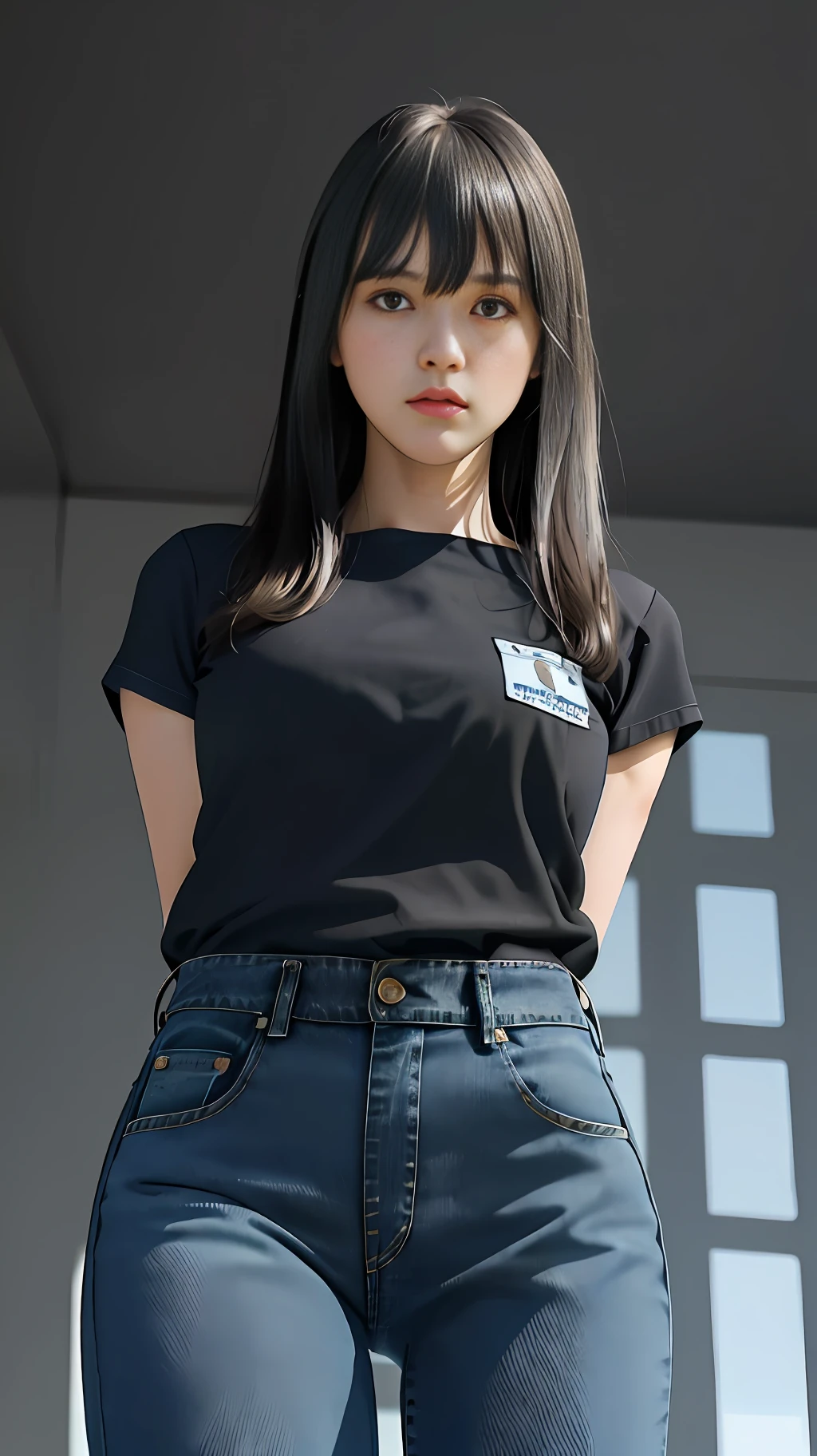 (best quality), (ultra-detailed),(ultra detailed face and eyes:1.1), (best illustration), 1girl, (black hair:1.2), solo, standing, (leaning_forward), looking at viewer, (shy), (blush:1.2), (legs apart and knees together:1.2), middle breast, (black eyes:1.5), (business suit:1.5), (blue jeans:1.5), stare, (upper body:1.3), (portrait:1.5), (arms behind back:1.5), (bangs between eyes:1.5), cute, (from below:1.5),