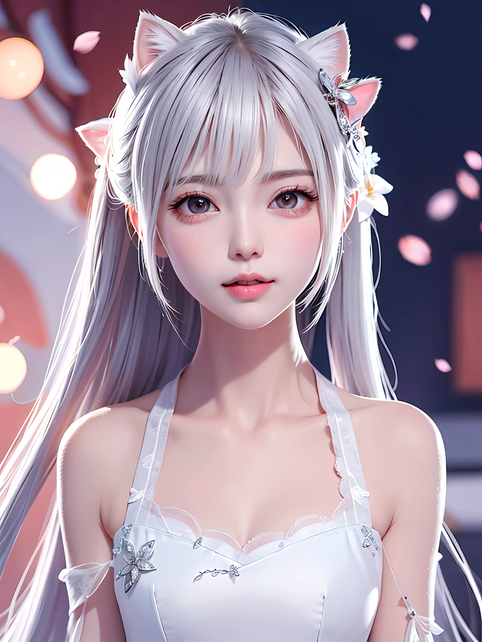 A gentle and lovely Chinese beautiful woman, delicate and sexy collarbone, charming goose egg face, double eyelids, smart peach blossom eyes, pink lips, small upturned nose, bare shoulders, focused face, face close-up, ultra HD, super detail, full body photo, ultra-thin translucence, cat ears, snowflakes falling, pure white hair, (high detail fingers: 1.5)