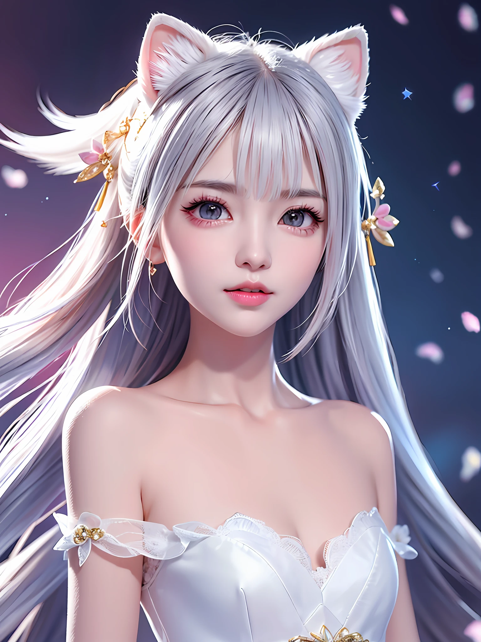 A gentle and lovely Chinese beautiful woman, delicate and sexy collarbone, charming goose egg face, double eyelids, smart peach blossom eyes, pink lips, small upturned nose, bare shoulders, focused face, face close-up, ultra HD, super detail, full body photo, ultra-thin translucence, cat ears, snowflakes falling, pure white hair, (high detail fingers: 1.5)