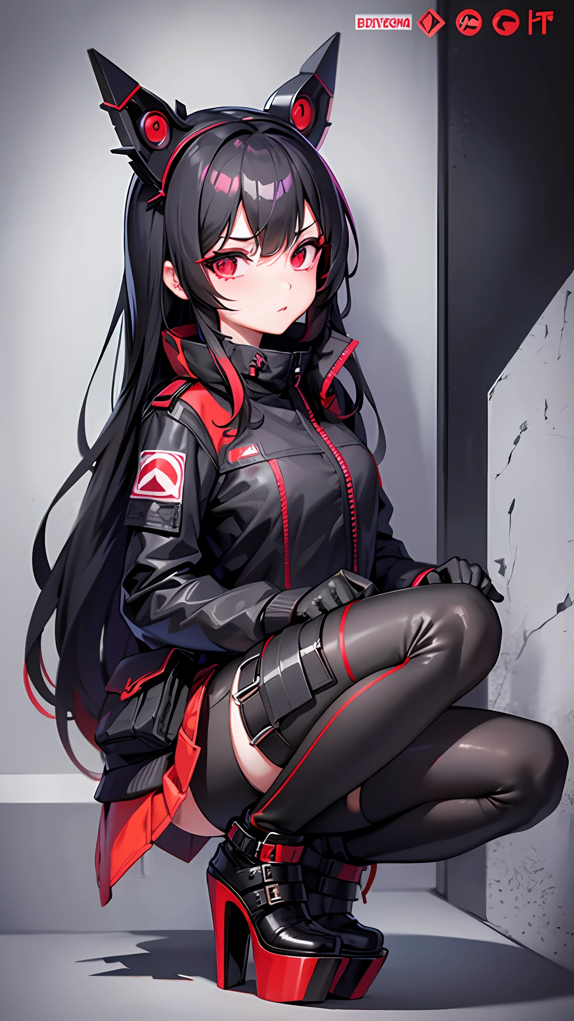 1girl,  lower body, long black hair with red tips, tactical clothing, goth platform ultra-high heels, vr-headset