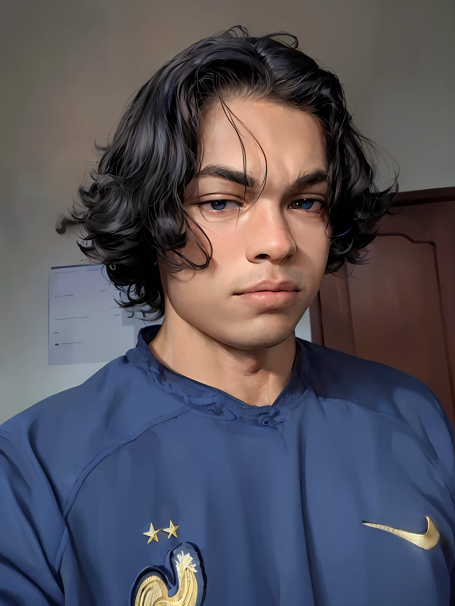 arafed man with a blue shirt and a yellow and white badge, portrait shot 8 k, very very low quality picture, around 1 9 years old, with serious face expression, with same hairstyle, with no beard, without beard, frontal picture, taken in the early 2020s, with a sad expression, professional profile picture, with long hair