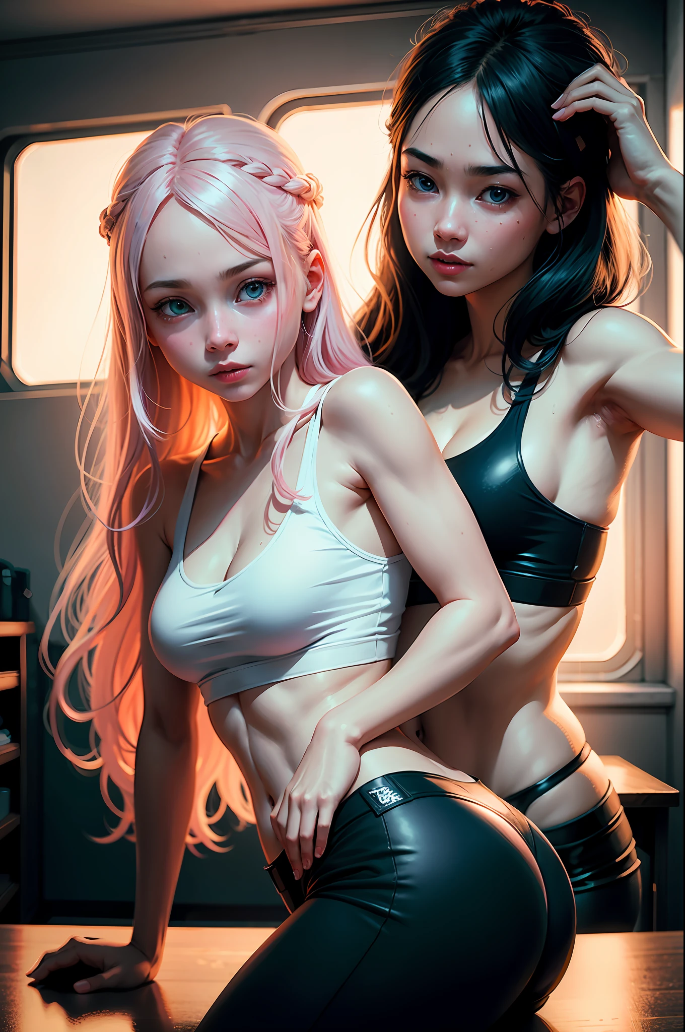 (2 young girls: 1.2), cheerful face, original pink long hair, long eyelashes, beautiful eyes with brightness, surrealism, shadow, stereogram, (photorealistic, realistic: 1.2), atmospheric perspective, cinematic lighting, ray tracing, 8k, super detail, best quality, masterpiece, well detailed, (Canan EOS R6, 135mm, 1/1250s, f/2.8, ISO 400:0.9), cyberpunk room, interior night, cleavage, string, tank top white, bubble butt,  round small ass, bend over, dynamic pose, dynamic lighting, white tank top, raining, wet skin