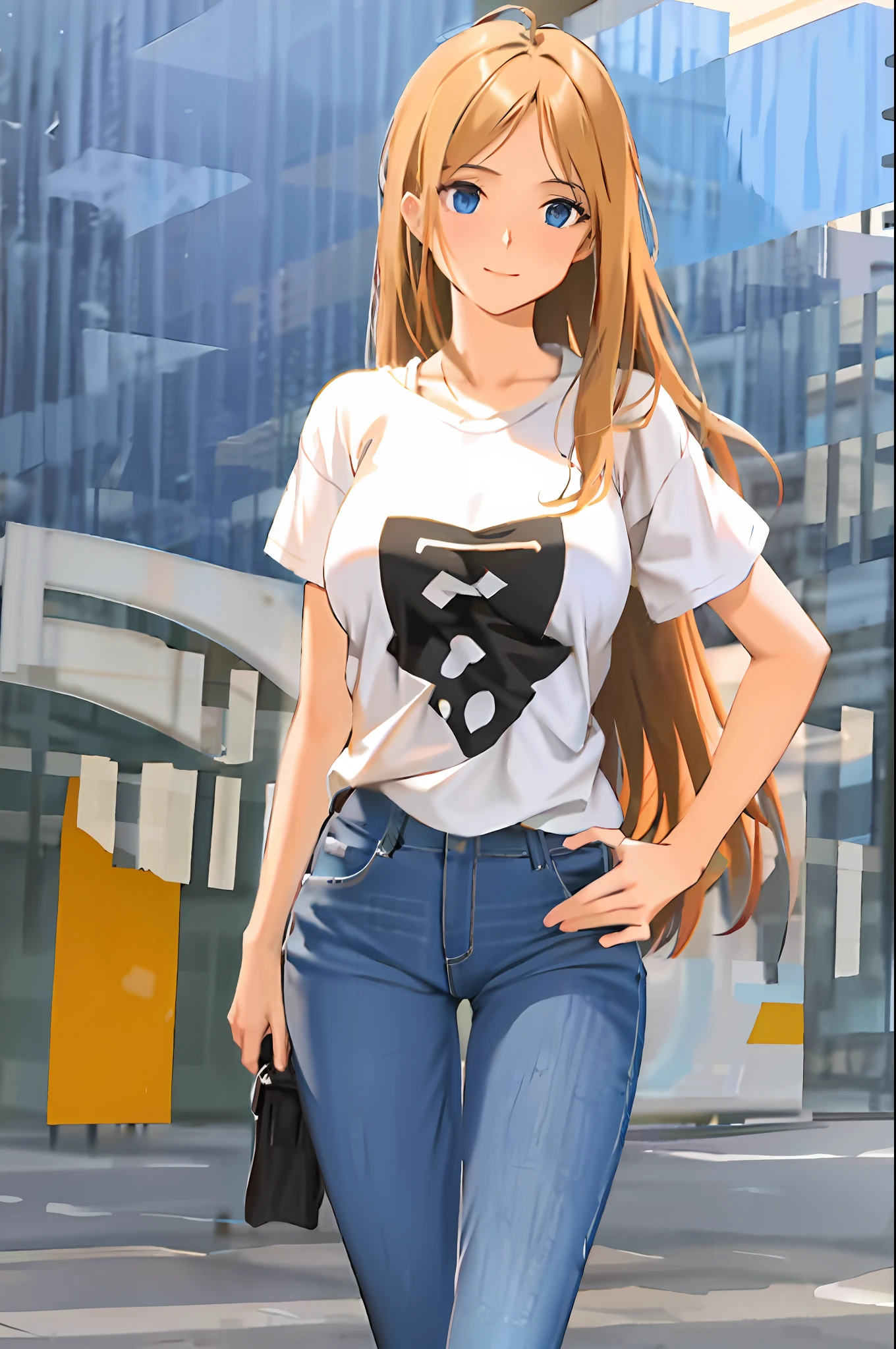 4k, ultra-realistic, realistic, higher resolution, best quality, (beauty), masterpiece, 1 girl dressed in long jeans and white short t-shirt, render based on physics, ultra highres, narrow waist, thin, straight long blonde hair, big blue eyes, long legs, (medium breasts), swollen eyes, night, (rainy city), bright skin, facing the viewer,