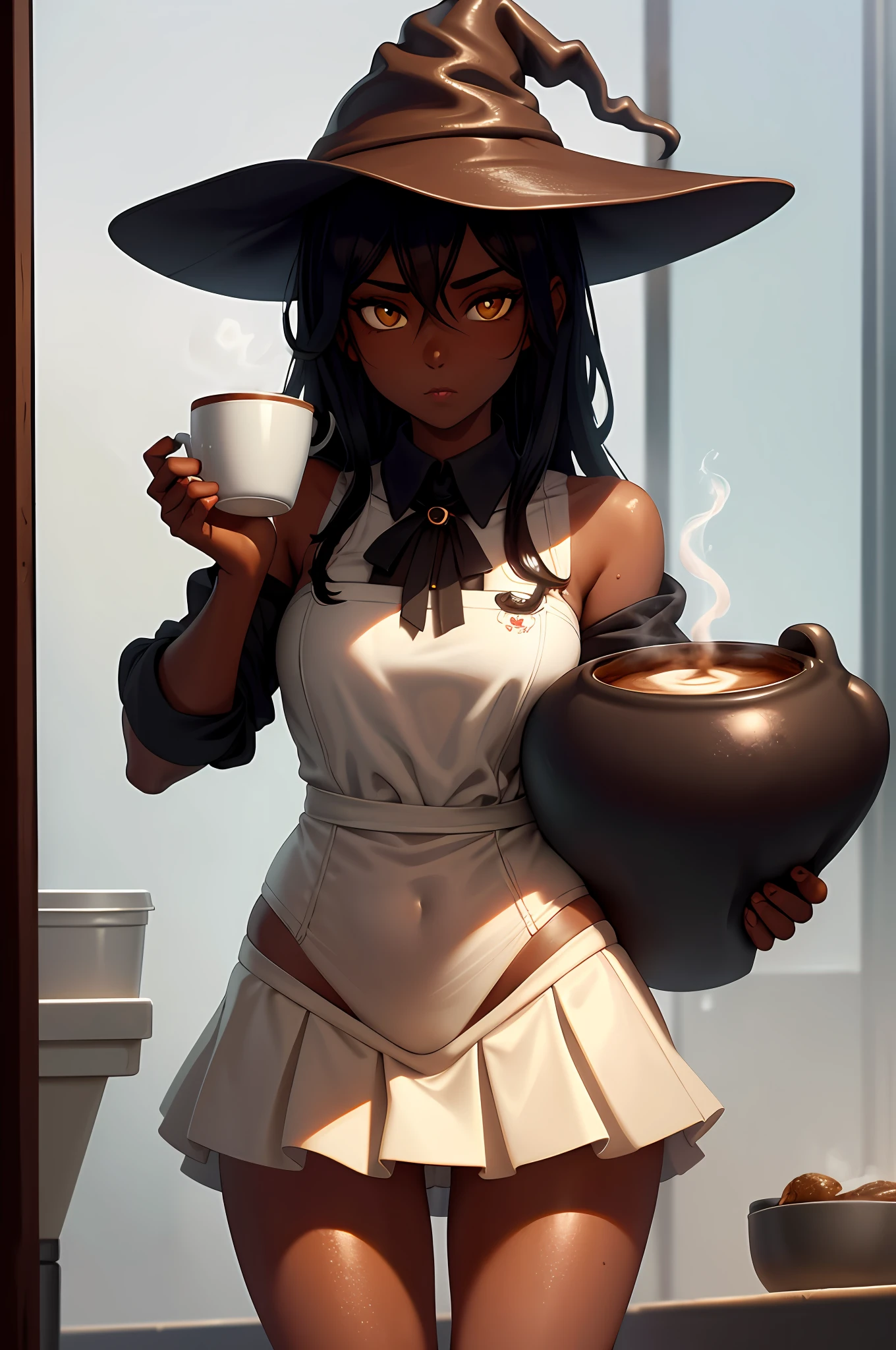 ((Coffeegirl)), eyse, ((swimming in coffee)), warm , coffee steam , ((light dark skin)), ((Coffee foam)) camel-toe skin, witch, outside, wet , thong, metal short skirt