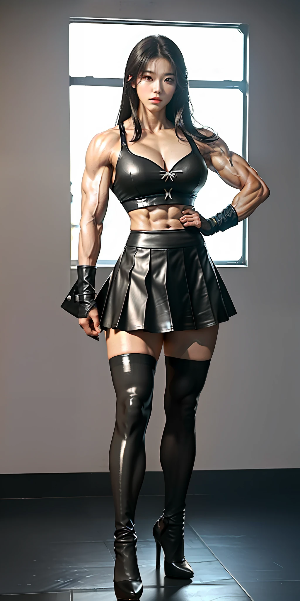 ((4K, Masterpiece, Best Quality)), 1girl, mature body, huge muscles, help her, huge abs, huge biceps, prominent tendons, full body photo, beautiful face, Korean idol, tight , short skirt, leather over-the-knee socks, high heels, super huge muscles, , fighting stance