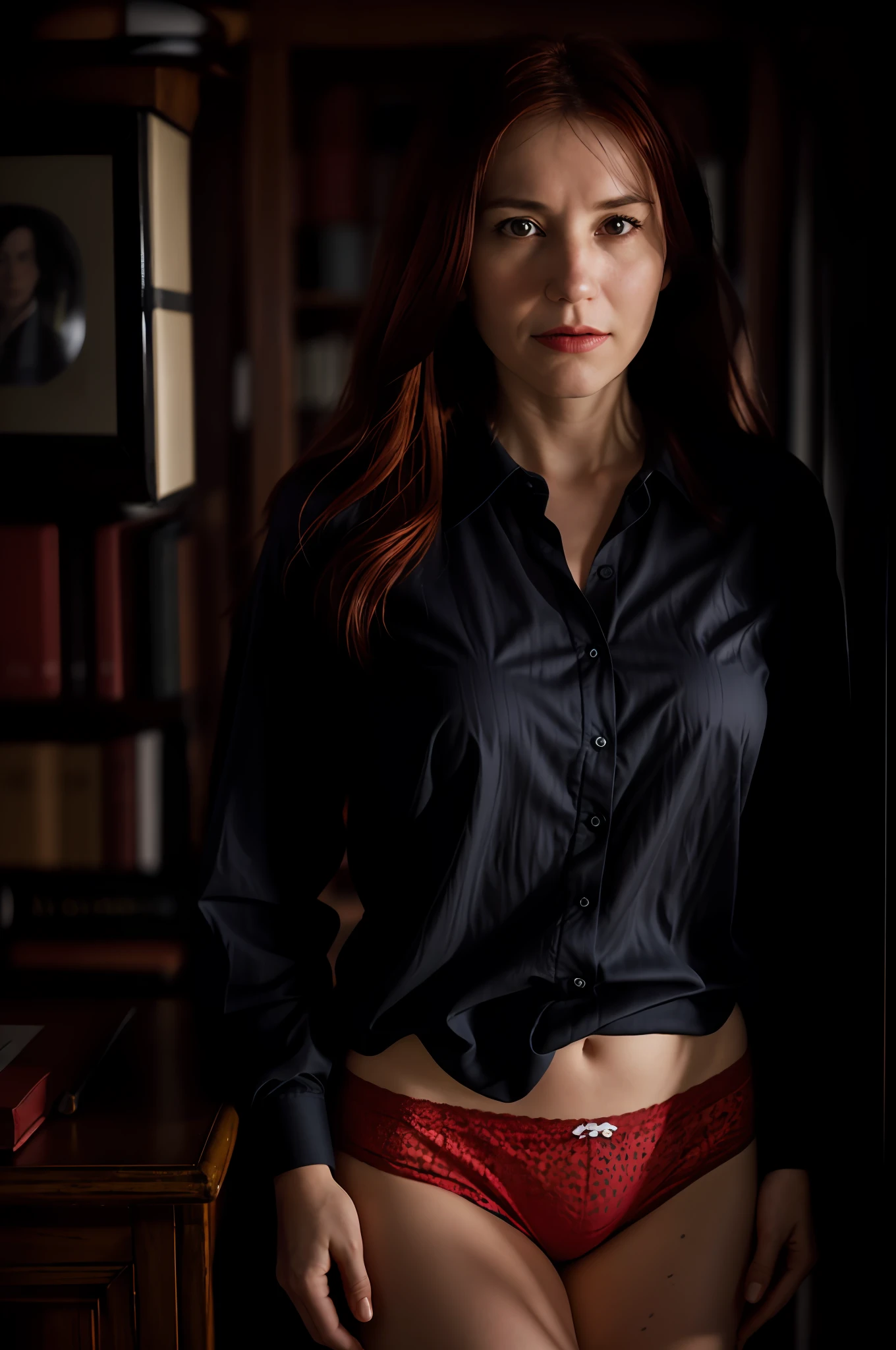 (portrait, realistic photograph, Leica 50mm, aperture 1.8, female university professor, red hair,56years, looking at camera, sheer shirt and cotton ); In an dark and moody old english office with oak furniture; Detailed Skin; 4k; cinematic light; Steve McCurry Style; aspect ratio 2:3; blouse undone