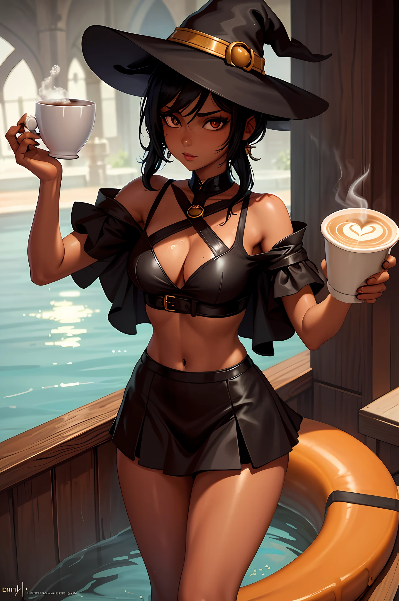 "((Coffeegirl)) with striking eyes, immersed in a pool of coffee, surrounded by warm and seductive coffee steam. She has luminous light dark skin and a tantalizing camel-toe. Dressed as a mesmerizing witch, she is standing outside, drenched in water. Wearing a sexy thong and a daring metal short skirt, she embodies the perfect mix of seduction and power in the coffee world."