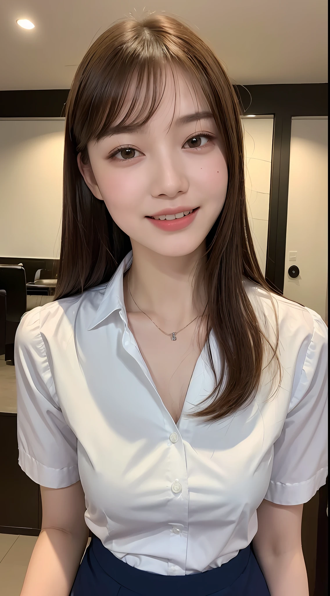 ((Night, Real Light, Top Quality, 8k, Masterpiece: 1.3)), (1 girl), Slender Figure: 1.4, (Brown Hair, Big: 1.3), Ultra Detailed Face, Detailed Eyes, Double Eyelids, Bangs, Laughing, 17 Years Old, Waitress Cosplay