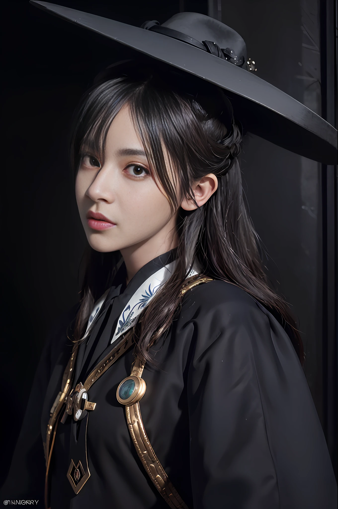 (Surrealist female portraits), (Dark Fantasy Art: 1.6), David Hockney and Alphonse Mucha style, stunning realism, dynamic lighting, 4K resolution, very detailed facial features, award-winning, Cowboy Shot, (official uniform: 1.4), long and gray hair, deep shadows.