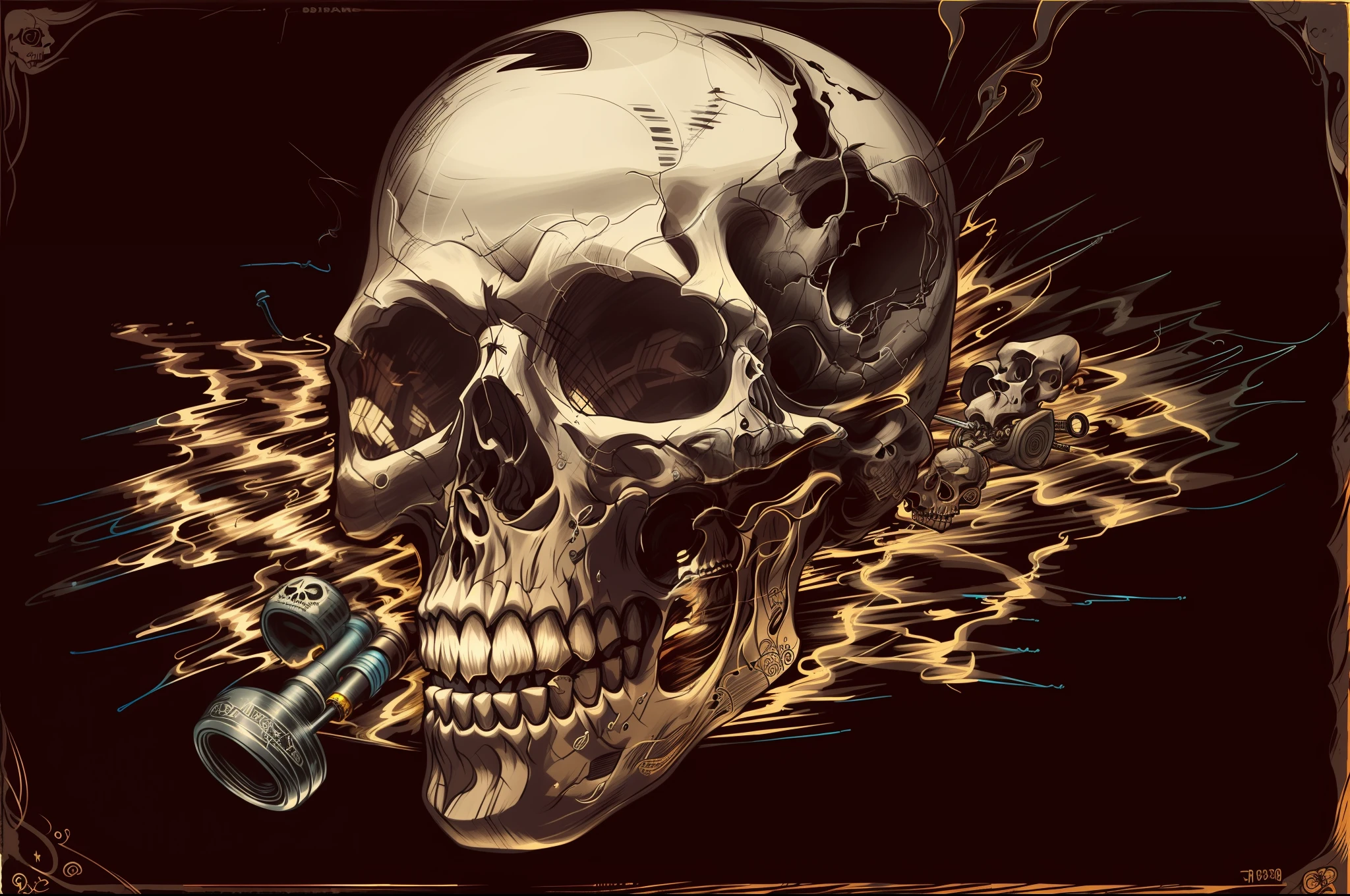 a drawing of a skull with a pipe and a cigarette, drawing of a skull, highly detailed ink illustration, skull design for a rock band, highly detailed illustration, clean detailed art, detailed ink illustration, colored illustration for tattoo, ink artwork, skull tattoo, realism tattoo drawing, ((skull)), mcbess illustration, very detailed illustration, highly detailed drawing