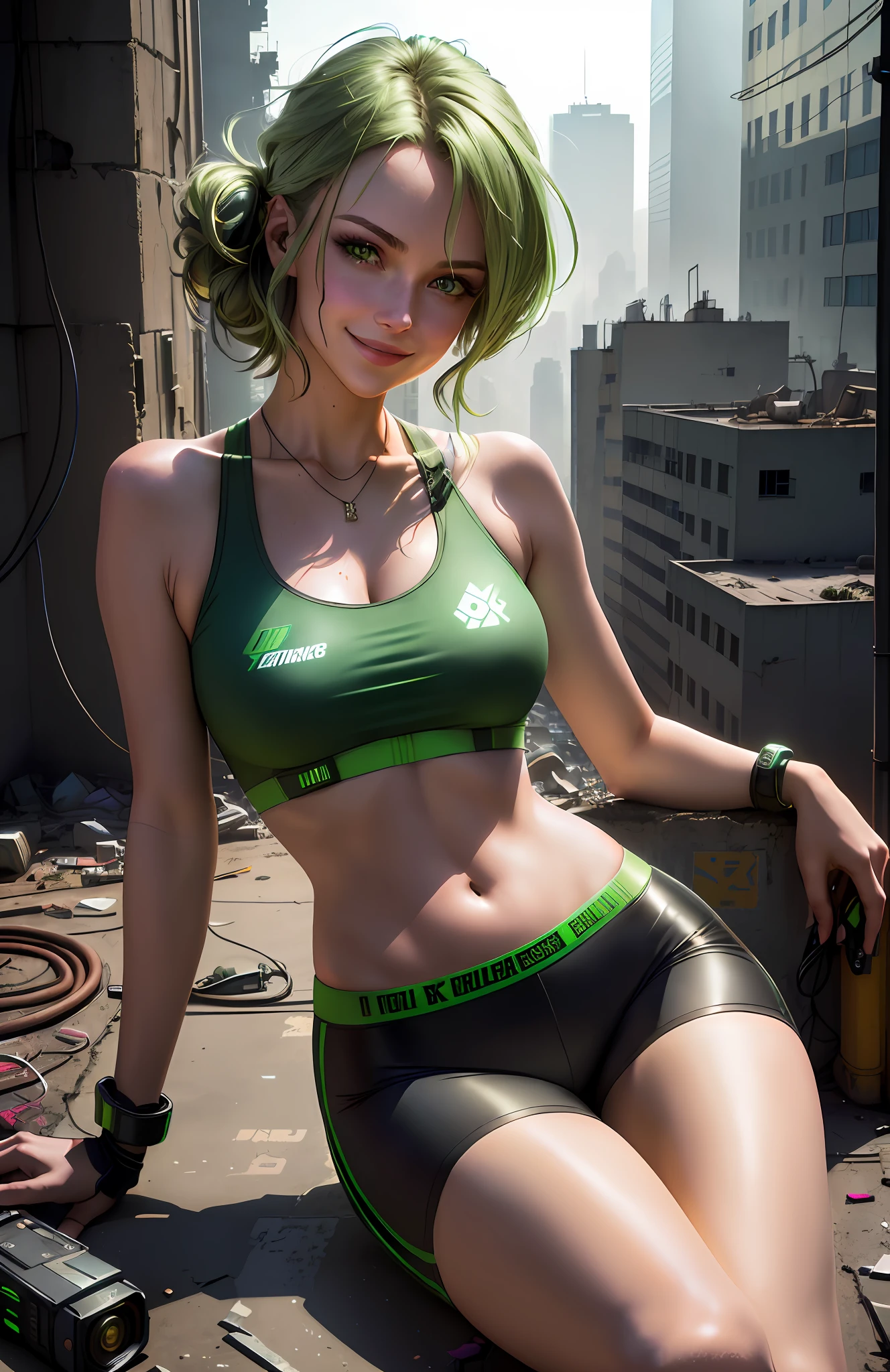 Sexy woman dressed in a green tanktop, short tight pants, open navel, smirk smile, sitting on abandoned building, messy floor, cyberpunk technology, cables jaunting, lens flare, by Mathias Kollros, by Julia Pishtar, modeling photography, olivia de bernardinis, by steven belledin, alina ivanchenko, warm and sunny,
