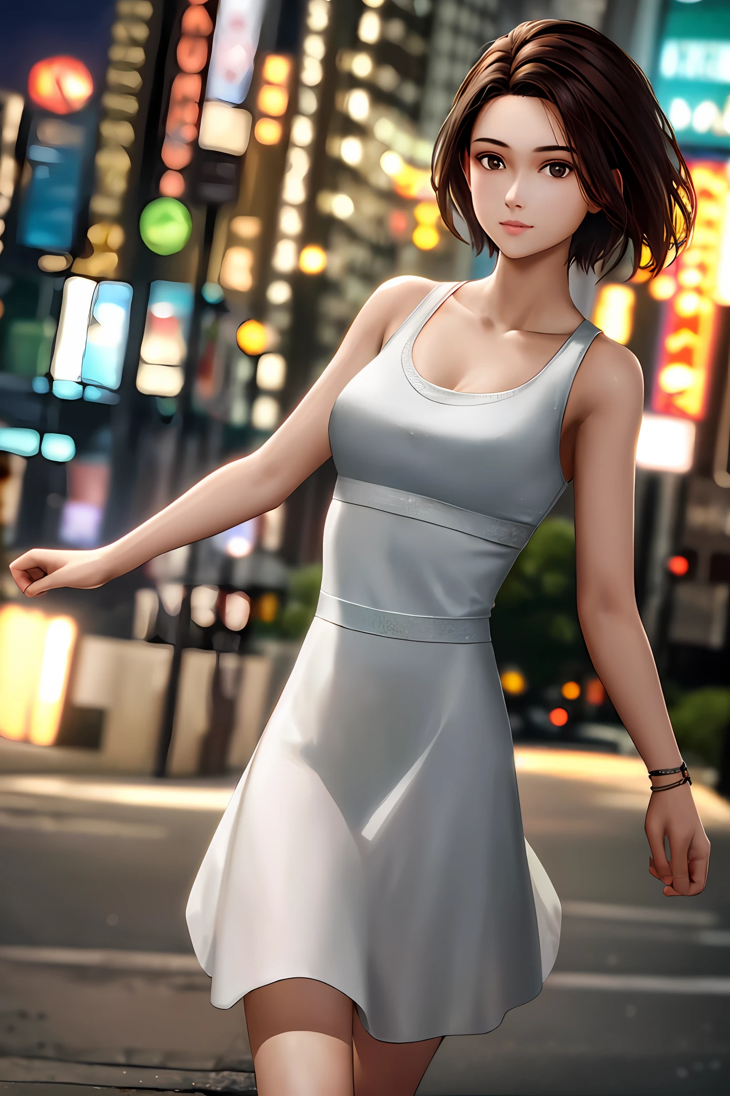 ((Realistic lighting, Best quality, 8K, Masterpiece: 1.3)), Focus: 1.2, 1girl, Perfect Figure: 1.4, Slim Abs: 1.1, ((Dark brown hair)), (White dress: 1.4), (Outdoor, Night: 1.1), City streets, Super fine face, Fine eyes, Double eyelids,