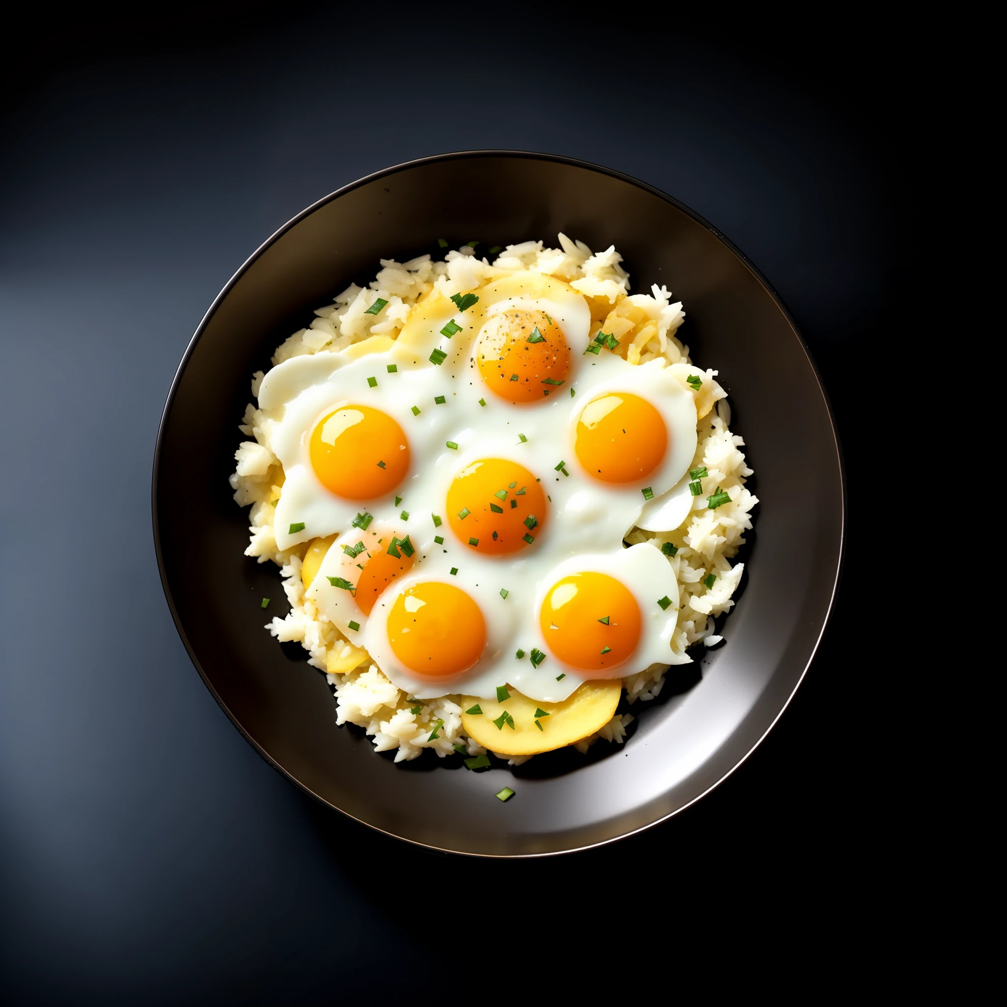 A sizzling hot frying pan with perfectly cooked fried eggs deliciously plated right from the stove top onto the plate with mouth-watering steam rising.