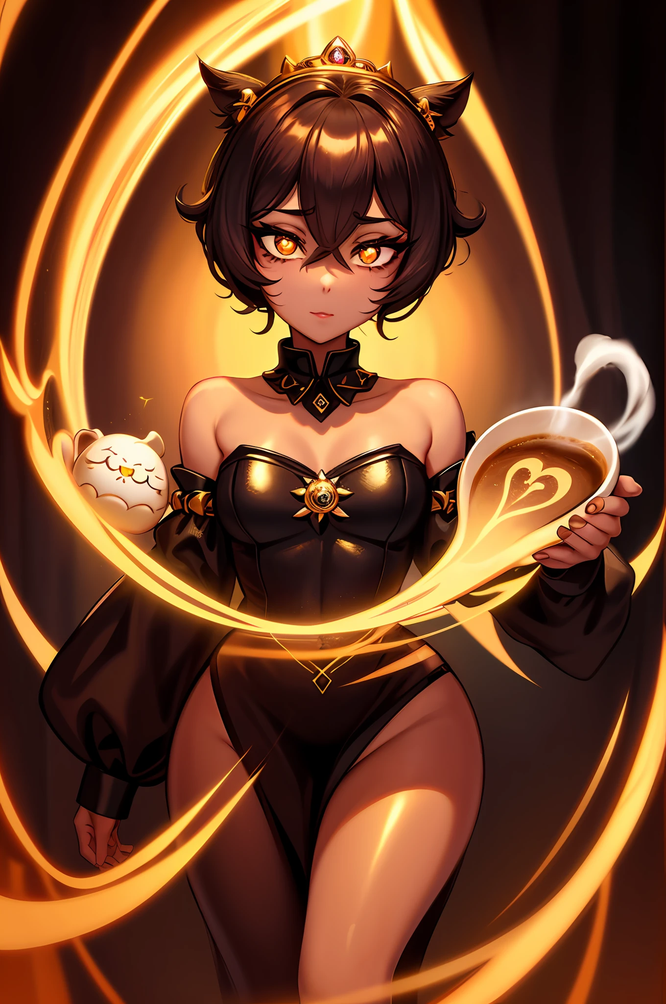 (PrincessCoffee girl) ,gold eyes ,(dilated pupils), (Whipped) surrounded by warm and seductive coffee steam. She has luminous light dark skin and a tantalizing camel-t , she embodies the perfect mix of seduction and power in the coffee world ,