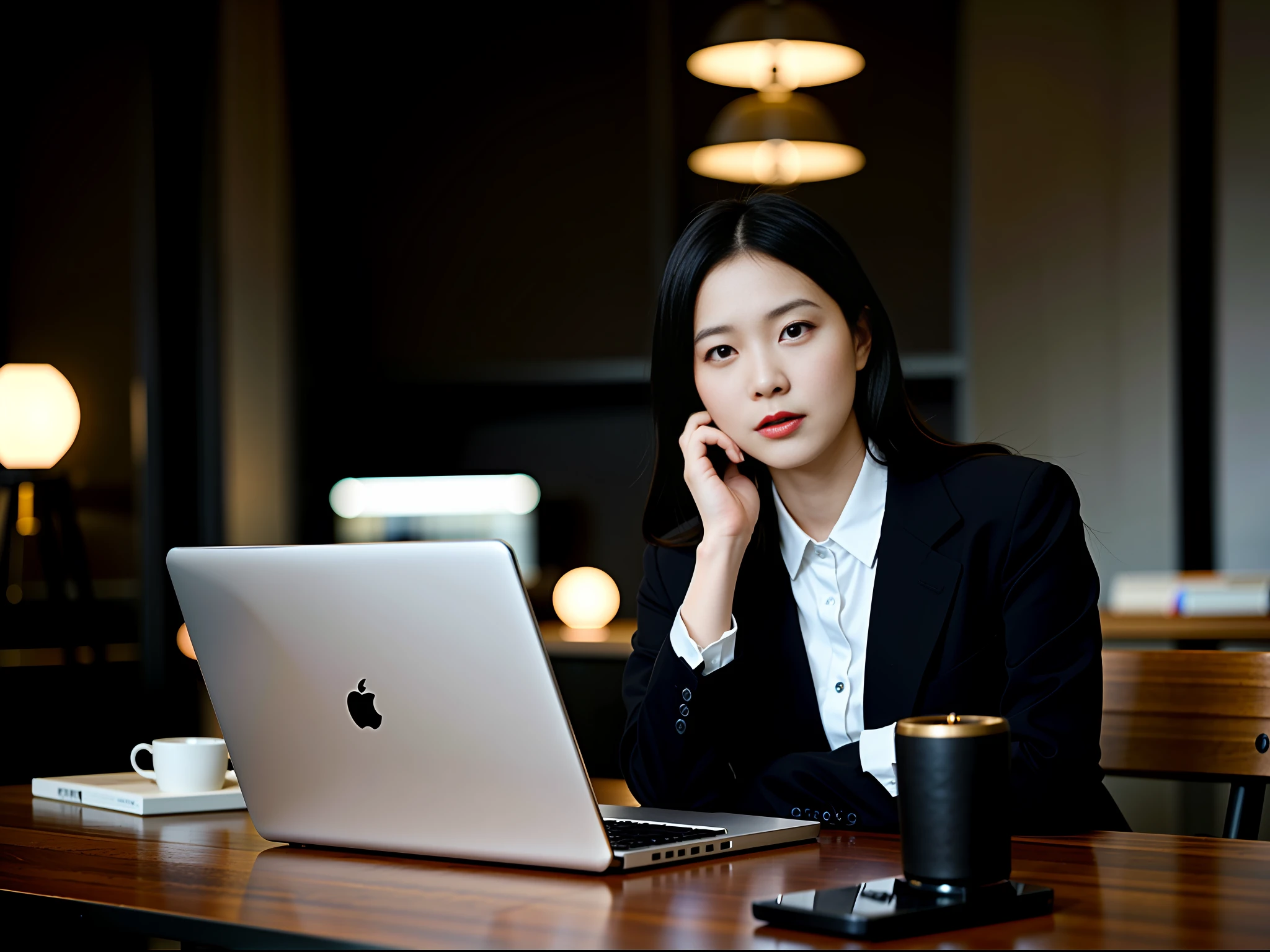 Incandescent light points to a woman (one) sitting at a desk with a coffee cup. Asian woman with black hair, wearing a black suit, talking on the phone. In the background of the office, she is beautifully photographed with a serious expression on her face, with portrait shots taken.