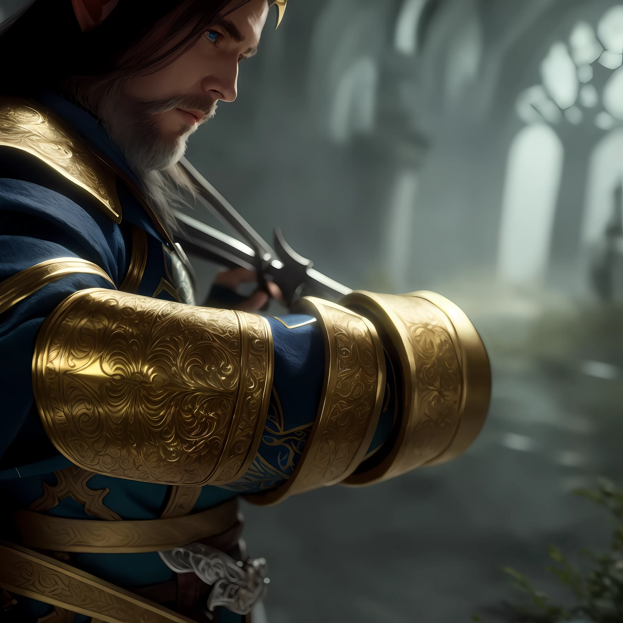 Arafeld man holding sword in blue and gold costume, 4 K detail fantasy, detailed cinematic rendering, fantasy style 8 K octane rendering, Unreal Engine fantasy art, elegant cinematic fantasy art, ultra-detailed fantasy characters, beautiful elf with gorgeous robes, wow 4 K detail fantasy, Elden ring elf, realistic fantasy rendering, Unreal Engine rendering + male god, blue beard, facial highlights, upper body looking up,