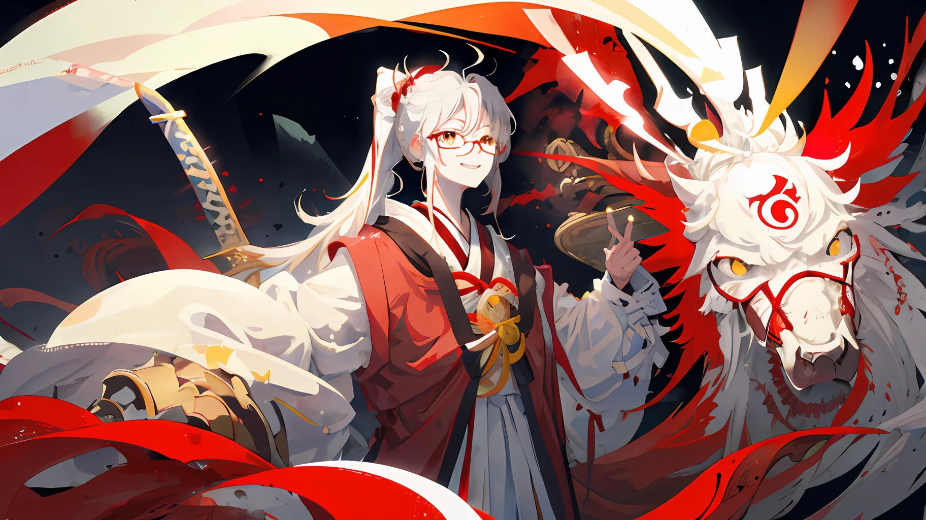 masterpiece, Best quality, High Resolution, Hachishaku-sama,Beauty,Sister,Fair skin,Tall,Long hair,Ponytail,White,White,Red frame glasses,Yellow eyes,Battle,Fight,Mad smile,Japan sword
