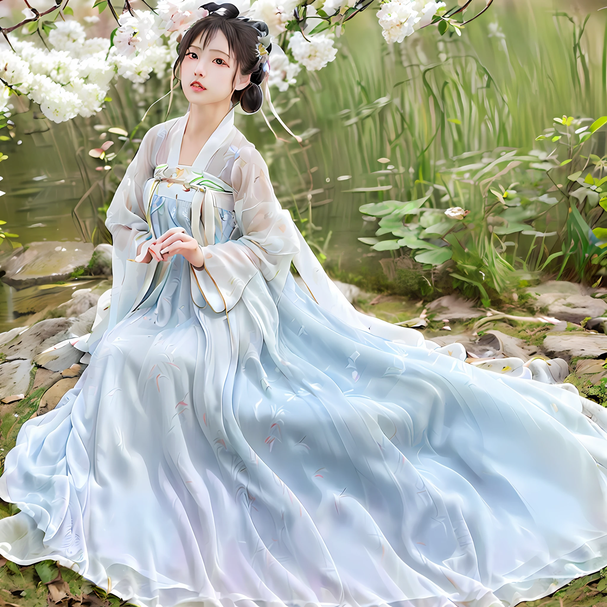 (1girl:1.3), Solo, (((Very detailed face)))), ((Very detailed eyes and face)))), Beautiful detail eyes, body parts__, official art, unified 8k wallpaper, super detailed, beautiful and beautiful, beautiful, masterpiece, best quality, original, masterpiece, super fine photo, best quality, super high resolution, realistic realism, sunshine, wearing Hanfu, by the lake, breeze blowing,