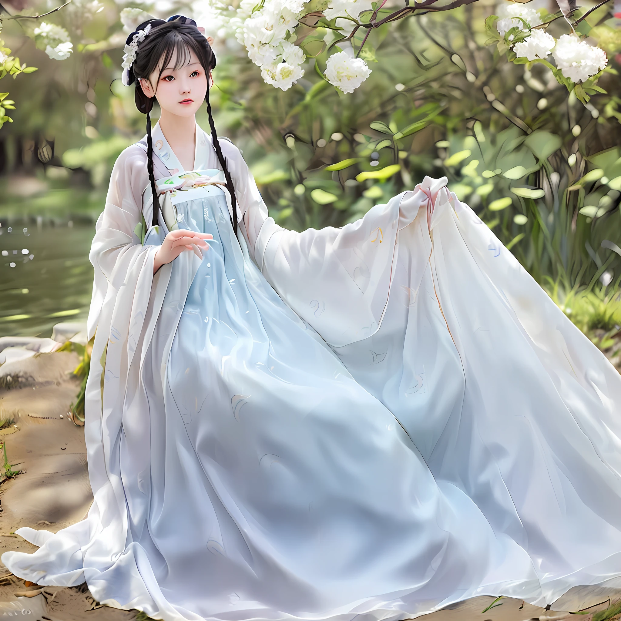 (1girl:1.3), Solo, (((Very detailed face)))), ((Very detailed eyes and face)))), Beautiful detail eyes, body parts__, official art, unified 8k wallpaper, super detailed, beautiful and beautiful, beautiful, masterpiece, best quality, original, masterpiece, super fine photo, best quality, super high resolution, realistic realism, sunshine, wearing Hanfu, by the lake, breeze blowing,