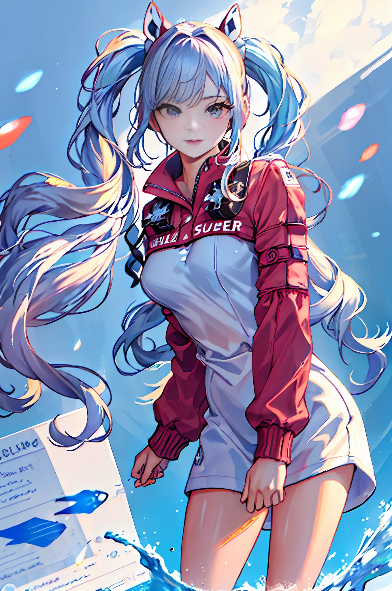 (masterpiece), (best quality), (ultra-detailed), (tousled hair), (illustration), (1girl), (fashionable clothes), standing, fashion model, looking at the viewer, (interview ), (Simple background), Beautiful eyes, Delicate beauty, Floating, (High saturation), (Colorful splashes), Colorful bubbles, (Glowing), Focus on face, Ponytail, Ayaka Kamisato, Light blue hair , bangs, hair ring, floating flower, floating hair, (shining), best lighting, best shadow,