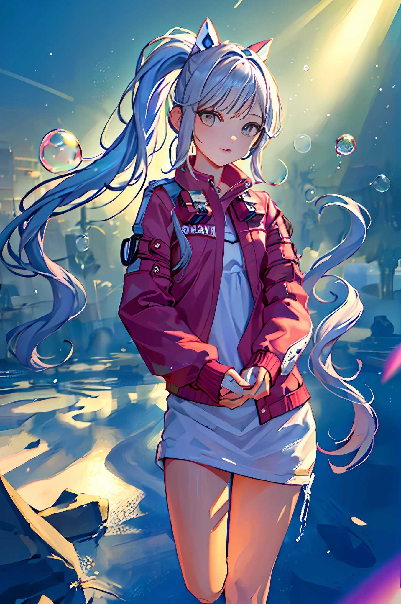 (masterpiece), (best quality), (ultra-detailed), (tousled hair), (illustration), (1girl), (fashionable clothes), standing, fashion model, looking at the viewer, (interview ), (Simple background), Beautiful eyes, Delicate beauty, Floating, (High saturation), (Colorful splashes), Colorful bubbles, (Glowing), Focus on face, Ponytail, Ayaka Kamisato, Light blue hair , bangs, hair ring, floating flower, floating hair, (shining), best lighting, best shadow,