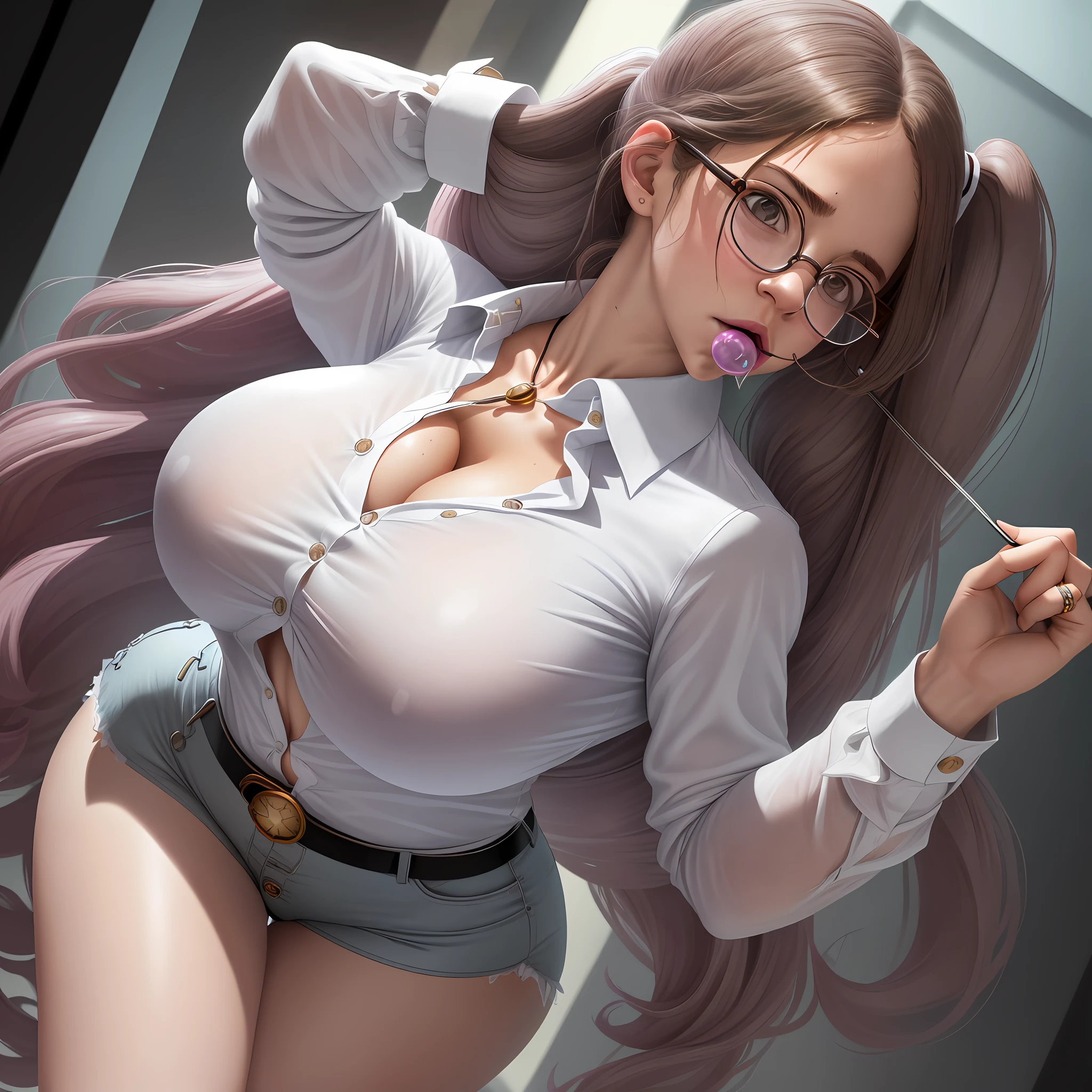 Hermione granger,((ring gag in mouth)), looking at a, sexy, european, long hair, pigtails, glasses, (((giant boobs)))+++, white (very tight)+++ (button-up shirt)++,wet and opaque,huge cleavage ((bursting out))+++, neck tie, (((button gap)))+++, tight hotpants, highheels, 8k,