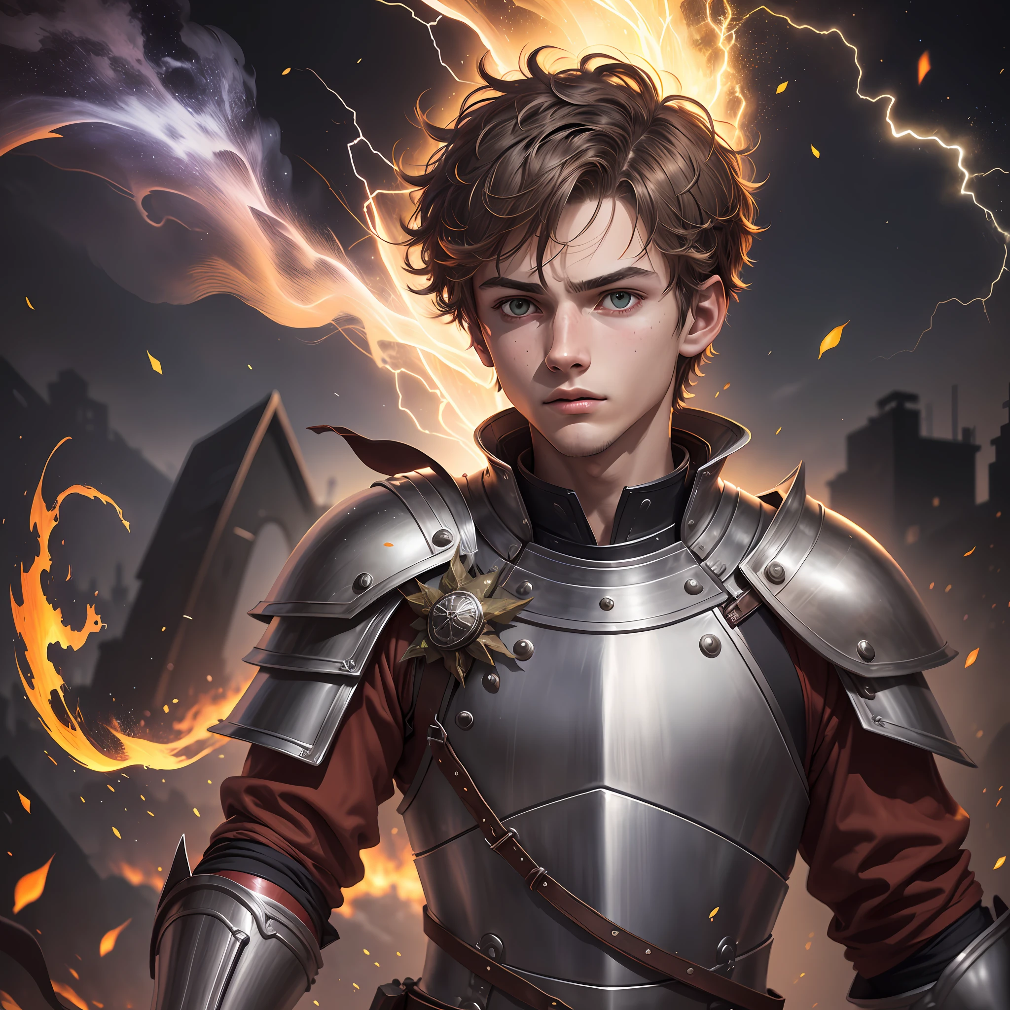 a 17-year-old teenage boy, 1 boy, brown short hair, light brown short hair, short hair parted in the middle, man's short hair with locks, bright green eyes, without a beard, without a goatee, no facial hair, silver and red colored medieval knight armor, red clothes, closeup shot, whirling wind, lightning around character, night complex background, highly detailed, (gloomy:1.3), dark, dimmed, hdr, vignette, grimy, (night sky at entrance , light rising from the bottom, inside florest, floating glowing bunch of yellow fire particles, burning fire at hand, floating many small fires)