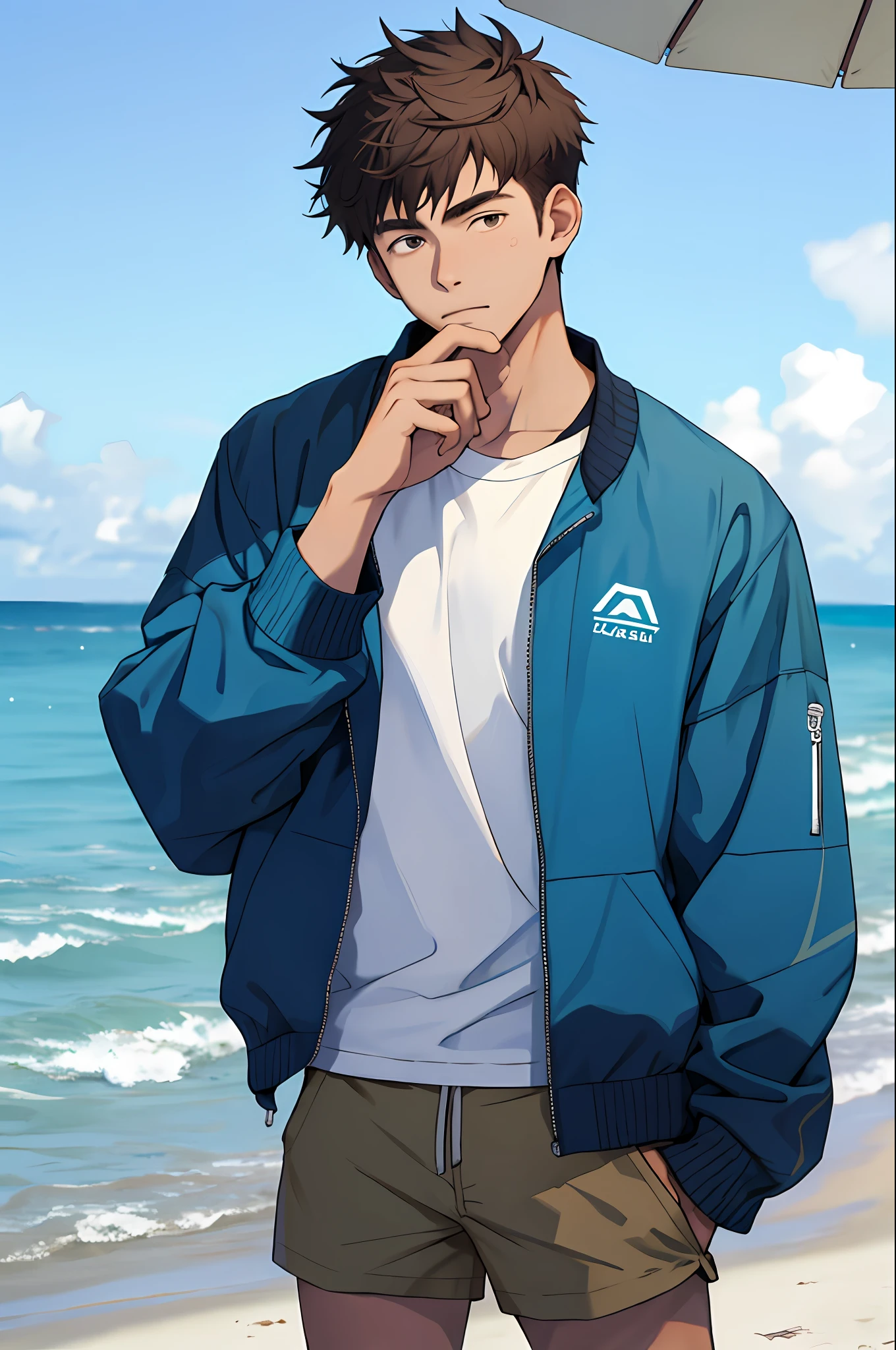 Male 18 year old, simple background, beach outfit, hand on chin, thinking