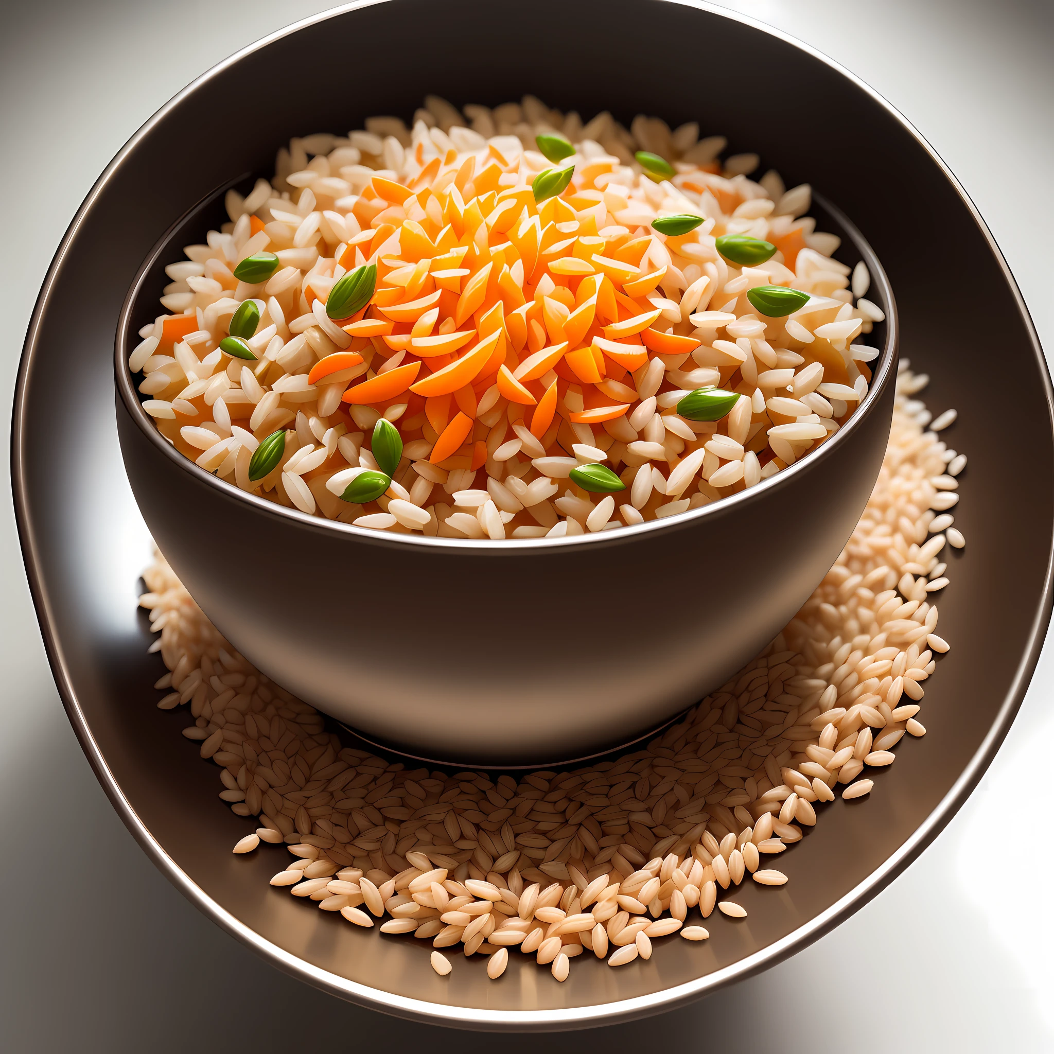 Ultra realistic style, stainless steel bowl with ((brown rice)), beans, chopped potato, grated carrot, unpeeled sunflower seeds, intricate details, dslr, 100 mm, pets, diffused light, Studio photography, professional advertising, 8k