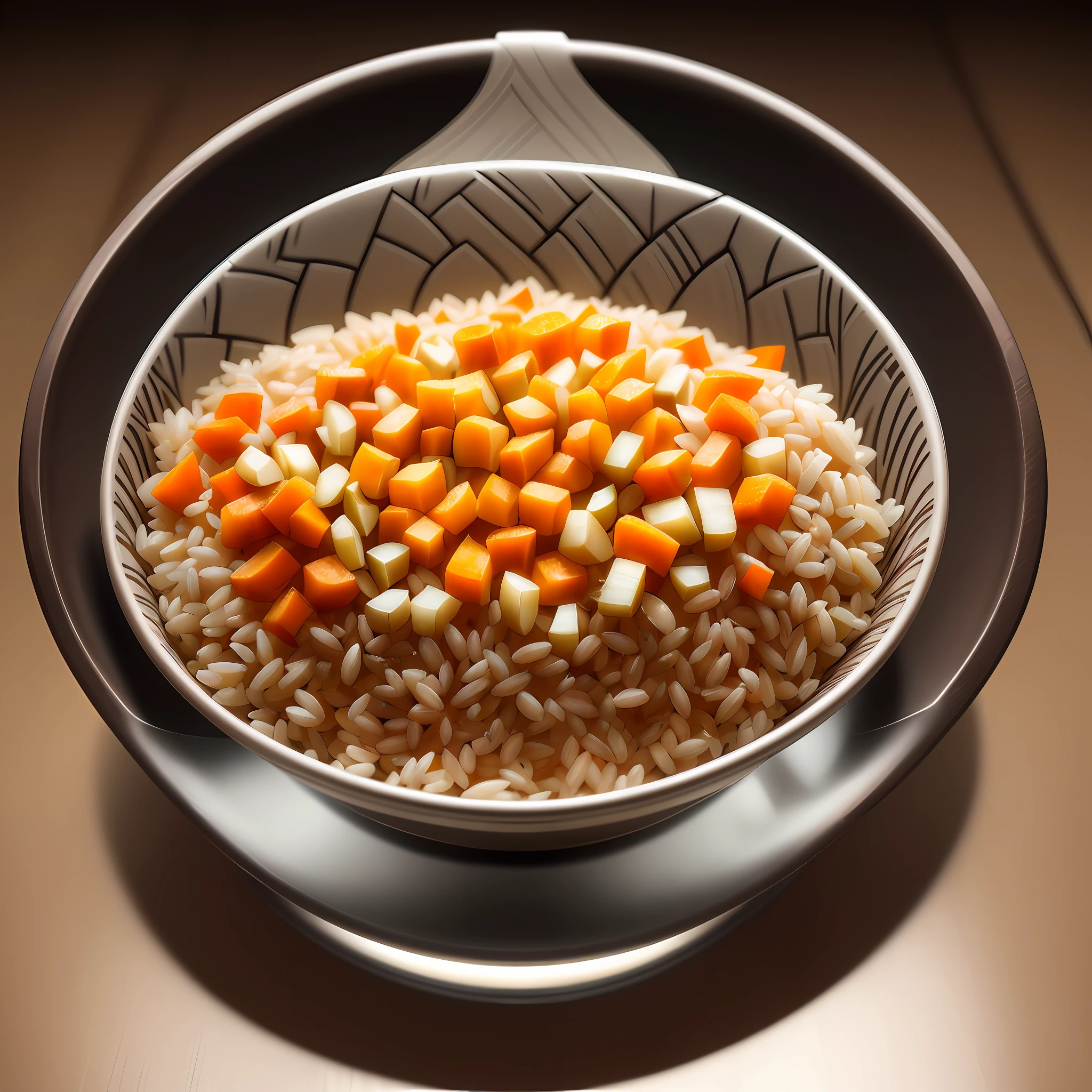 Ultra realistic style, stainless steel bowl with ((brown rice)), beans, chopped potato, grated carrot, unpeeled sunflower seeds, intricate details, dslr, 100 mm, pets, diffused light, Studio photography, professional advertising, 8k
