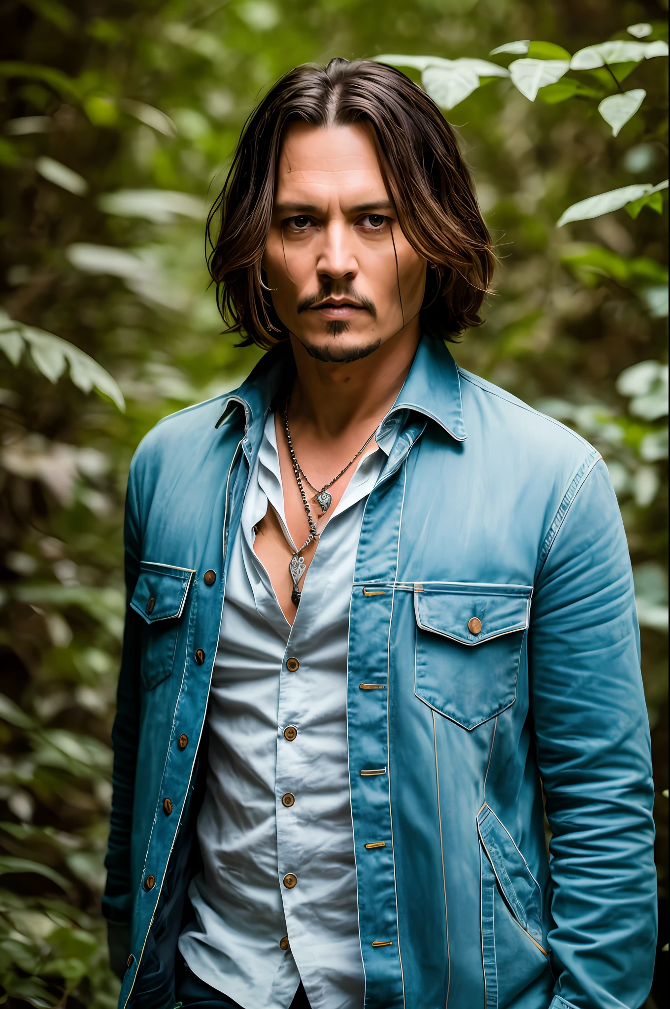Masterpiece, Johnny Depp walks through the jungle at night in fireflies, (high detail: 1 of 1), rough face, natural skin, high quality, nsfw, beautiful eyes, (detailed face and eyes), (face : 1 2), noise, extra, real photo, PSD, light film photography, sharp focus, contrast lighting, detailed skin, high resolution 8k, crazy detail, realistic, professional photography, 8k UHD, slr camera, soft light , high quality, film grain, Fujifilm XT3
