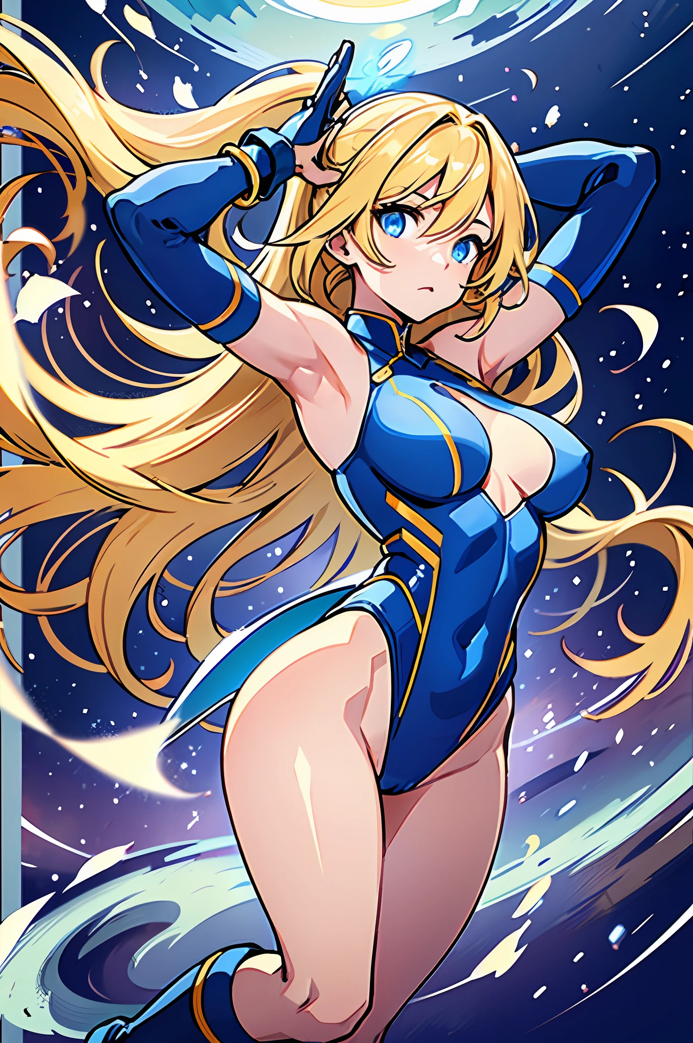 masterpiece, best quality, highres, 1girl, solo, superhero, leotard, bare legs, boots, matching boots, aura, blue aura, sleeveless, gloves, bracelets, matching gloves, looking at viewer, light particles, space backdrop, perfect hands, perfect eyes, powering up, perfect leotard, perfect legs, perfect arms, perfect fingers, blue and white leotard, blonde hair, blue eyes, medium breasts, long hair, spinning, tornado spin, whirlwind spin, wind particles, light swirls, tornado, hurricane spin, time travel, tornado winds, cyclone spin,