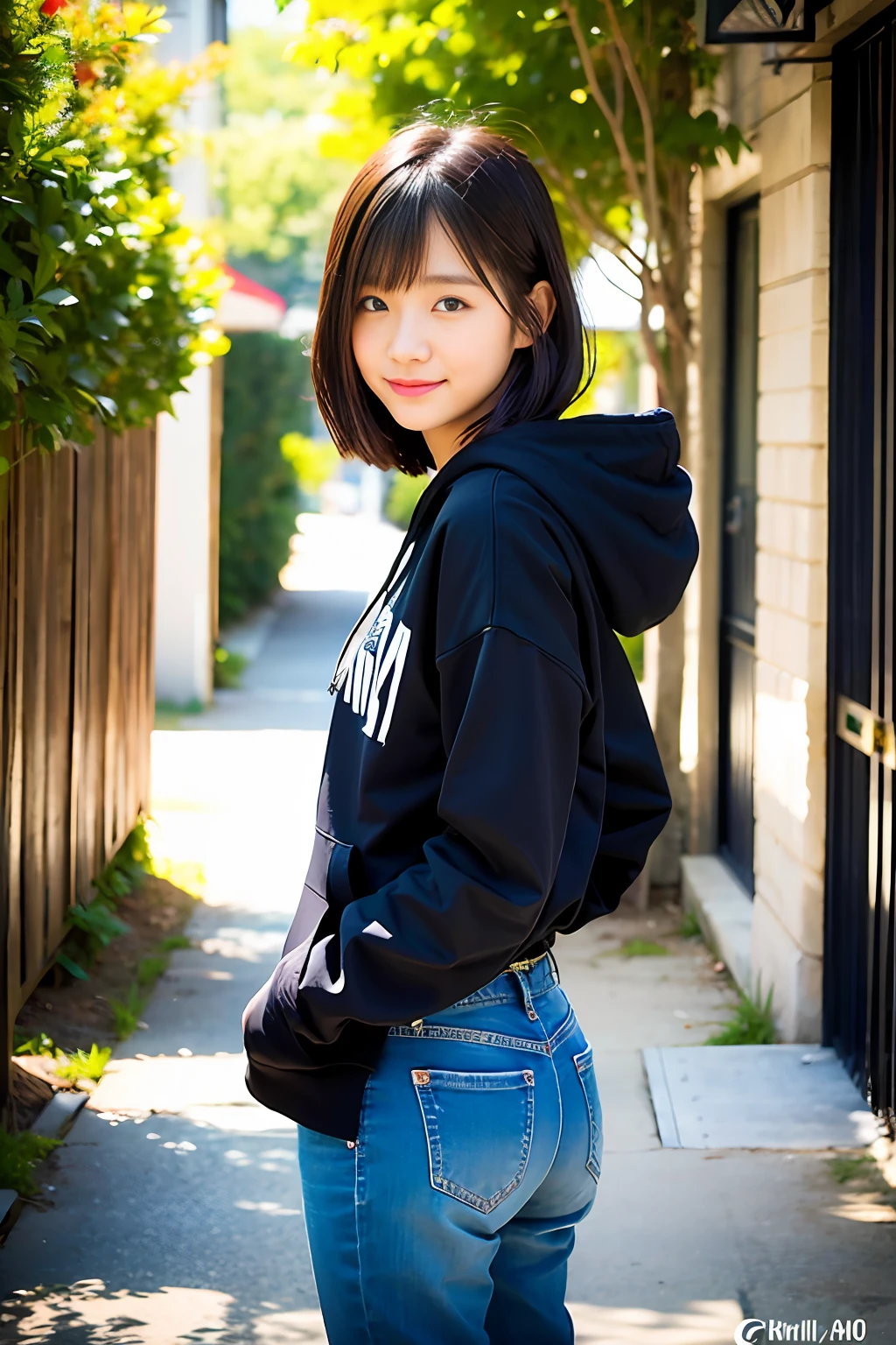RAW,a beautiful detailed cute age girl,osaka alley, clear and beautiful,((18 years old)),((1 girl)),instagram, ((smile)), ;D,flying_sweatdrops,viewfinder,cowboy shot,short hair, messy hair,from behind,asymmetrical bangs, hair pulled back,beautiful detailed eyes, ((small_breasts)),((hoodie with open chest)),((pants)),shoes,hair fluttering in the wind,sunlight, wallpaper 8k CG,Photo taken with Canon EOS 5D Mark4 and SIGMA Art Lens 35mm F1.4 DG HSM, F1.4, ISO 200 Shutter Speed 2000,