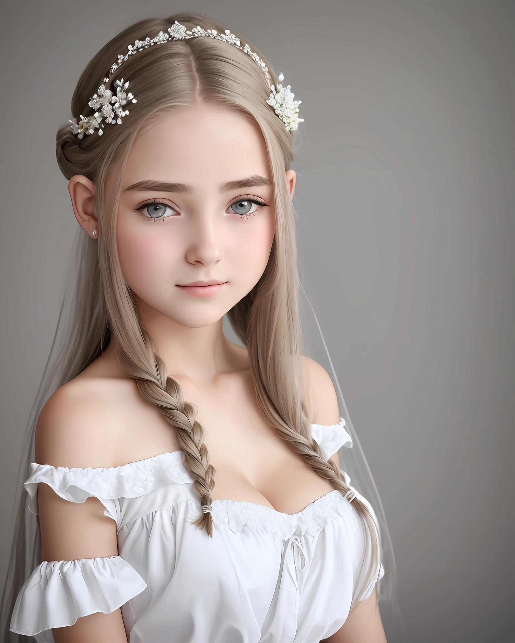Best quality, highly detailed, masterpiece, super detailed, (realism: 1.2), 1 girl, (white background), simple background, delicate eyes, silver hair, purple eyes, hair_ornament, (white off-the-shoulder shirt: 1.3), long hair, pointed ears, crown braids, expressionless face, straight hair, (++ sitting: 1.2), big breasts,