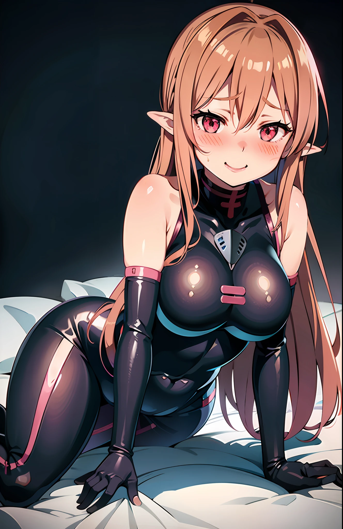 ((Asuna yuuki)), black bodysuit, (pink eyes), ((busty)), orange hair, (blushing face:1.6), smiling, lying on bed, (erotic pose:1.3), cowboy shot
