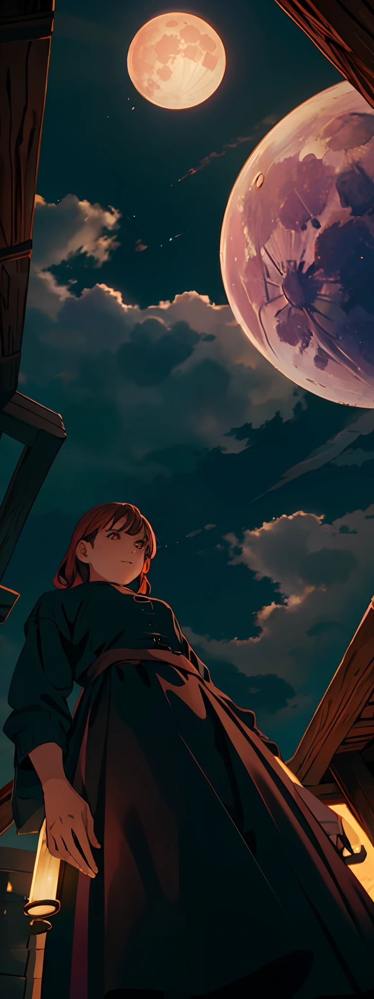 A wide landscape photo, (viewed from below, the sky is above, and the open field is below), a girl standing on a flower field looking up, (full moon: 1.2), (meteor: 0.9), (nebula: 1.3), distant mountains , Trees BREAK Crafting Art, (Warm Light: 1.2), (Firefly: 1.2), Lights, Lots of Purple and Orange, Intricate Details, Volumetric Lighting BREAK (Masterpiece: 1.2), (Best Quality), 4k, Ultra Detailed, (Dynamic Composition: 1.4), Rich in Detail and Color, (Rainbow Color: 1.2), (Glow, Atmospheric Lighting), Dreamy, Magical, (Solo: 1.2)