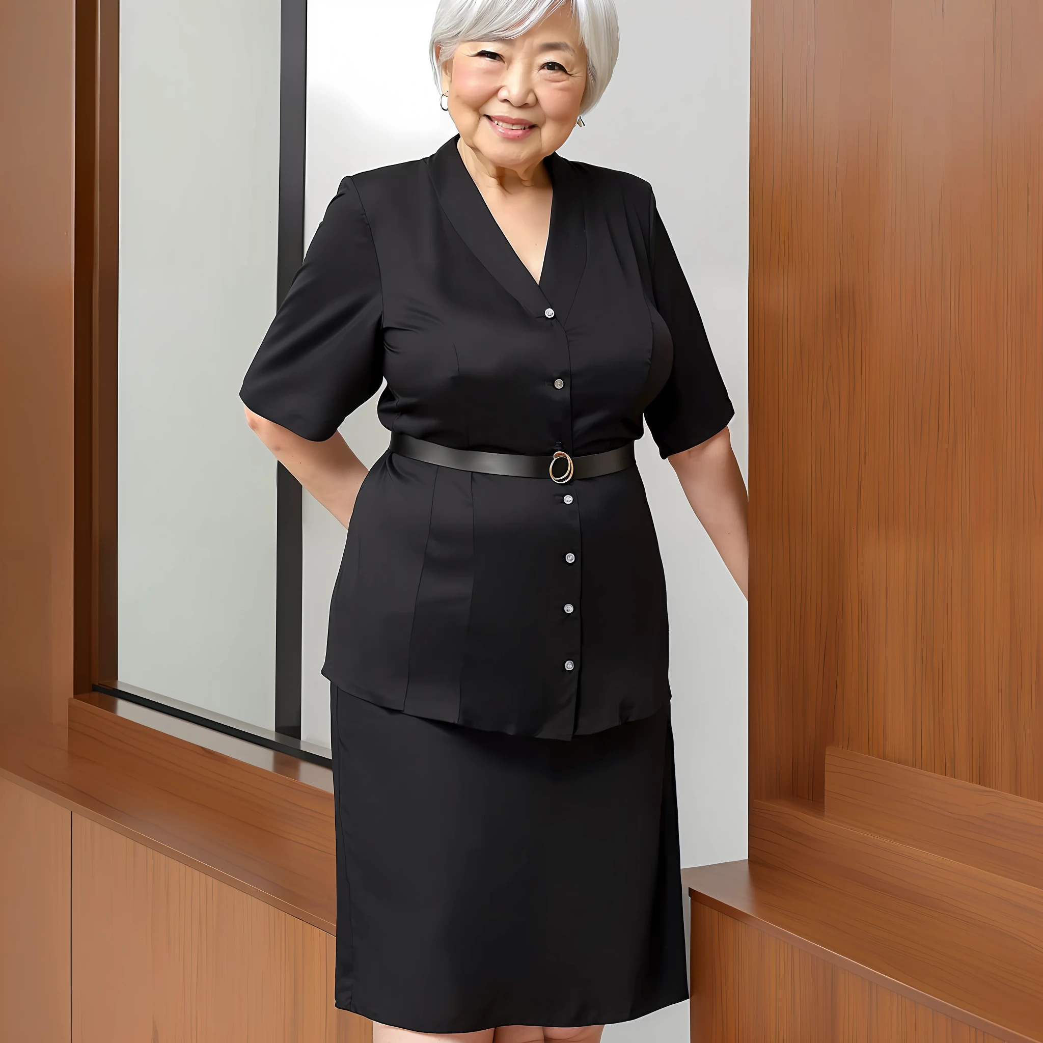 Ass shot of a curvy woman age 80 in a black official shirt posing for a picture, big bust, japanese model, short hair, in full growth by